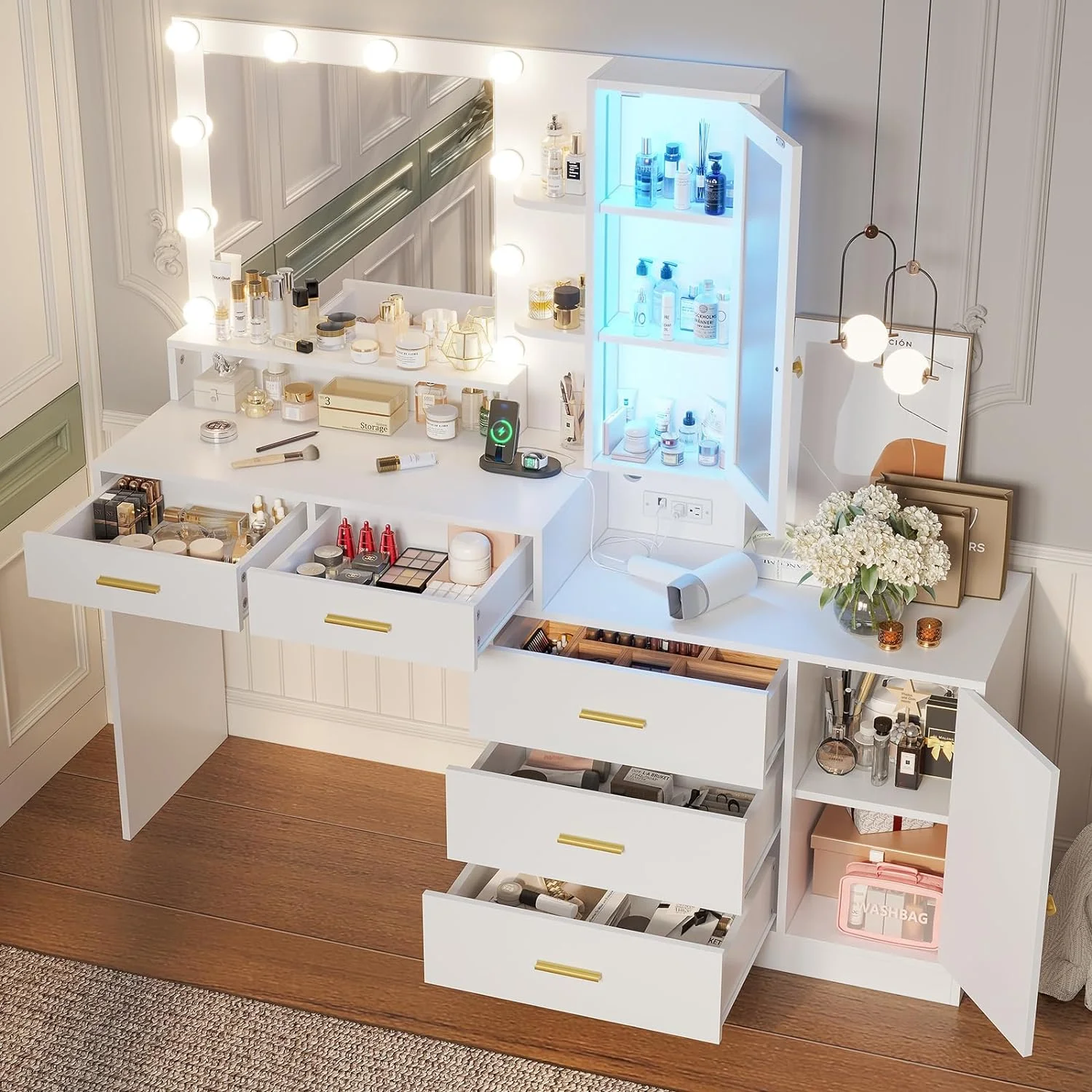 AOGLLATI Vanity Desk with Drawers & Storage Shelves,Makeup Table with Mirror and Ambient Light and Charging Station,White
