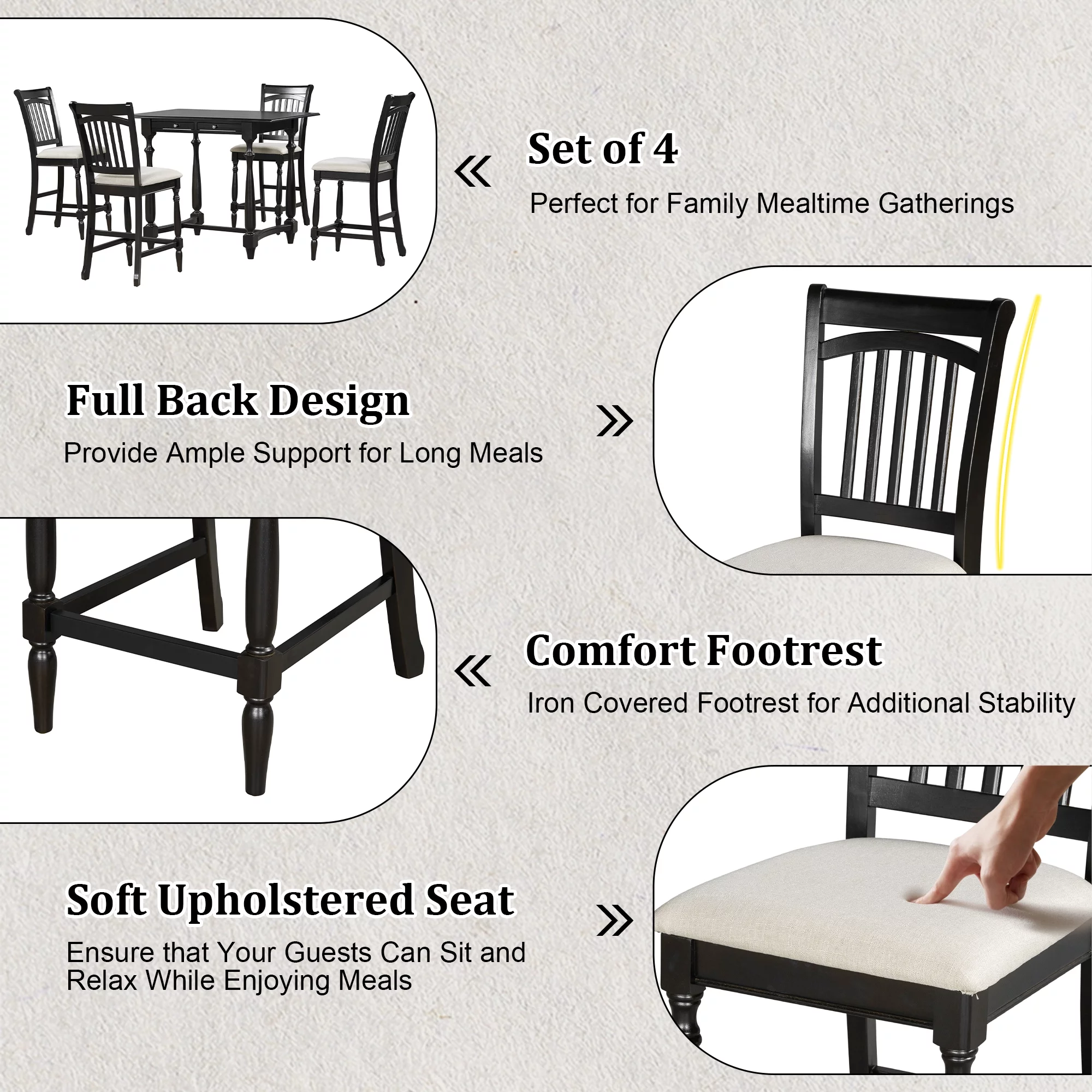 Churanty Farmhouse 5 Pieces Wood Counter Height Dining Table Set for 4,Kitchen Rectangle Table with Storage Drawers and 4 Upholstered Chairs, Espresso - Curated Treasures Market