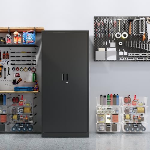 Metal Storage Cabinet, 71" H Locking Cabinet with 5 Adjustable Shelves for Garage, Classroom, School, Home, Office, Pantry-Black
