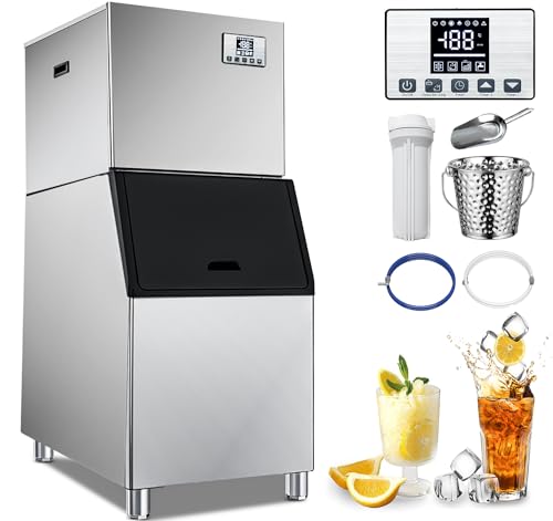 YITAHOME Commercial Ice Maker Machine with Storage Bin, Upgraded Compressor, Self-Cleaning Stainless Steel Industrial Ice Mchine, Includes Ice Scoop, Ice Bucket and Connection Hose