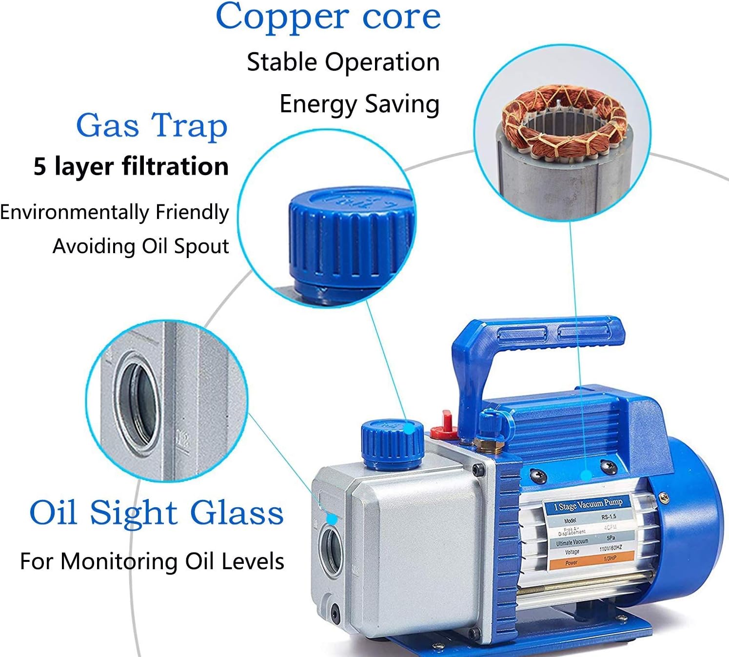 NewPosition 4CFM 1/3HP Air Vacuum Pump HVAC A/C Refrigeration Tool Kit AC with Leak Detector, Auto Repair Equipment, Manifold Gauge Set(R134A R22), 3 Hoses, Ideal for Food Packaging,Milking,Medical et