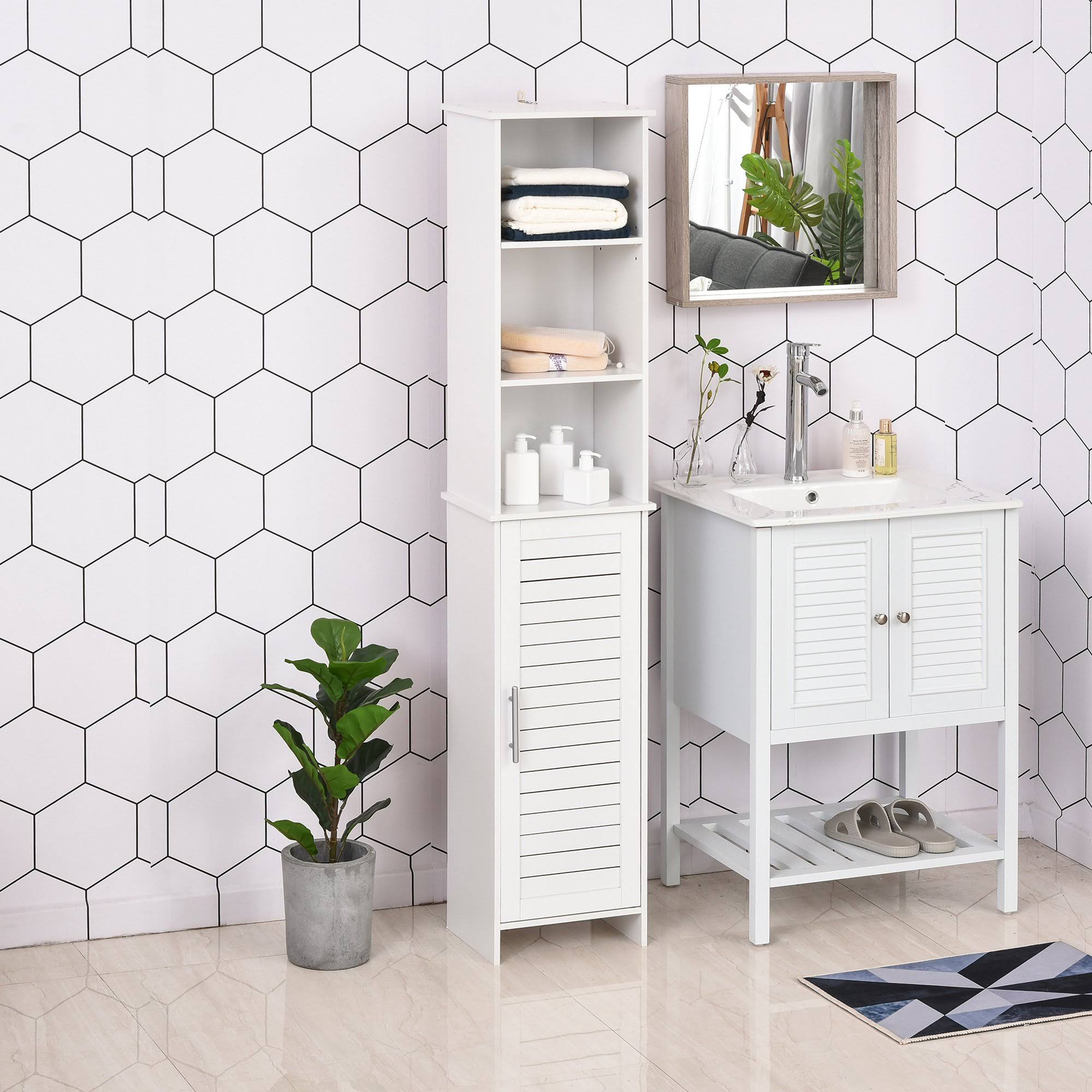 Kleankin Organizer Bathroom Tall Storage Cabinet w/ Door Tower Cupboard Open Shelves Freestanding Furniture - White