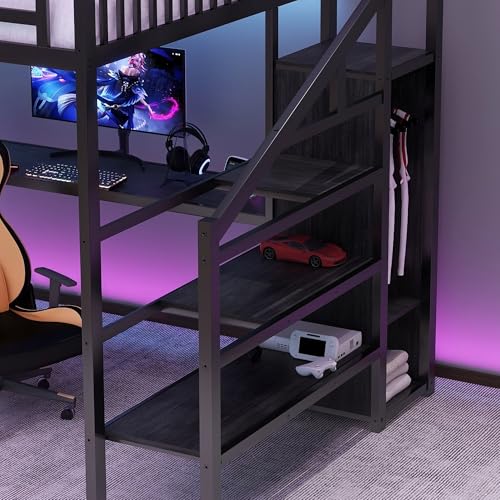 Full Size Loft Bed with Stairs and Storage, Metal Loft Bed Frame with Bedside Shelf and Large Under-Bed Space, Heavy-Duty Bed for Adults Teens and Kids, Black