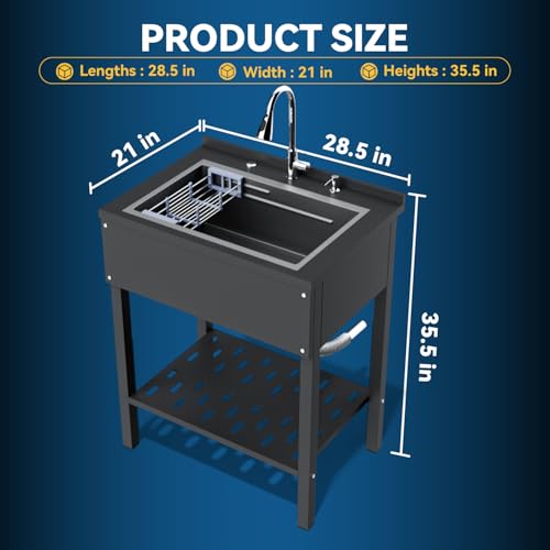 Stainless Steel Utility Sink,24" FreeStanding Laundry&Utility Room Sinks with Cold and Hot Water Faucet,Hoses and Drain Kit Commercial Single Bowl,Laundry Sink for Kitchens, Garage (24x18x36 Black)