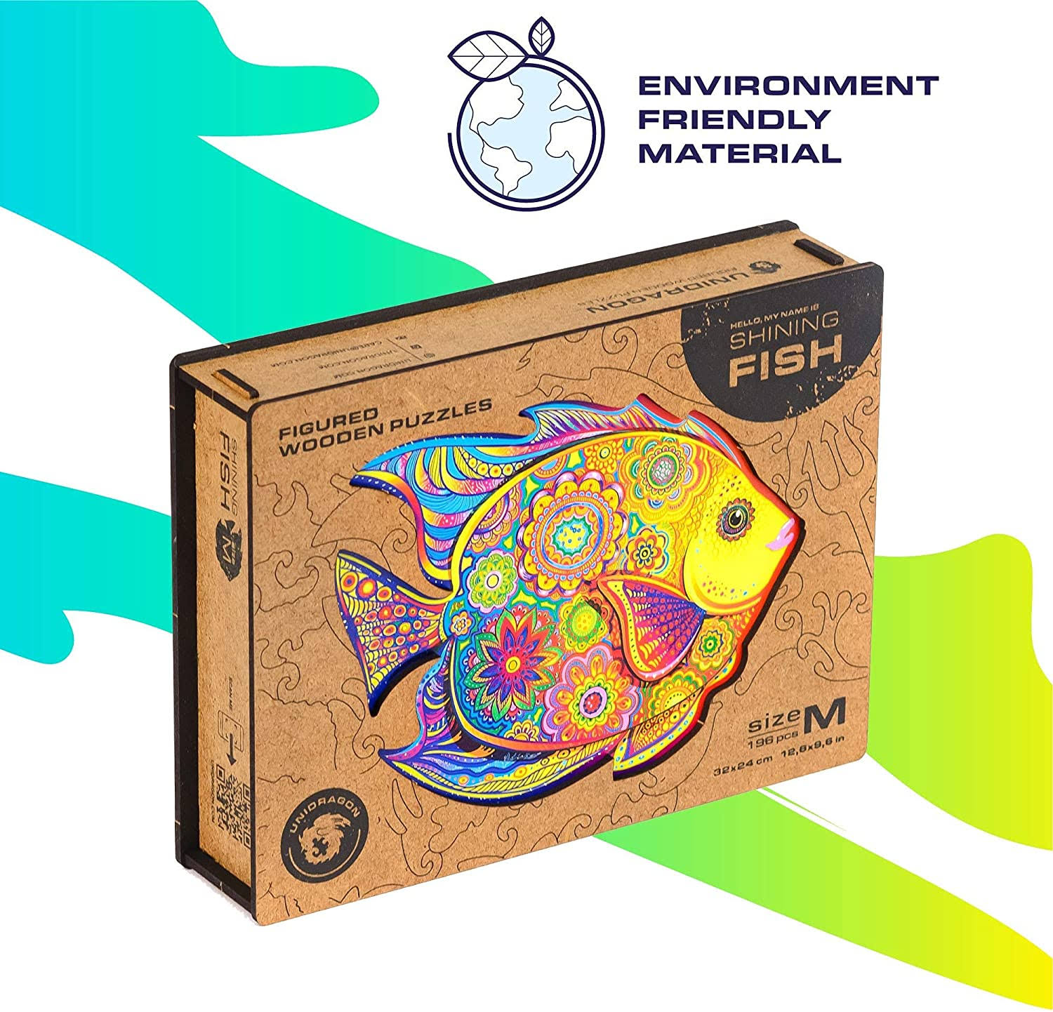 Unidragon Wooden Jigsaw Puzzle, Best Gift for Adults and Kids, Unique Shape Jigsaw Pieces Shining Fish, 12.6 x 9.6 in (32 x 24 c