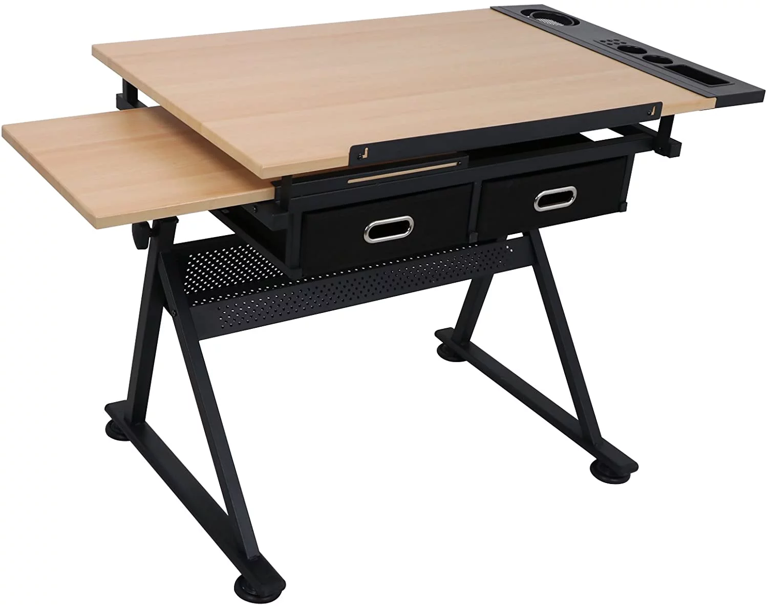 MDF Drafting Table Desk Art&Craft Work Station Drawing Desk Height Adjustable Craft Table w/Stool and 2 Storage Drawers for Home Office School Study Room