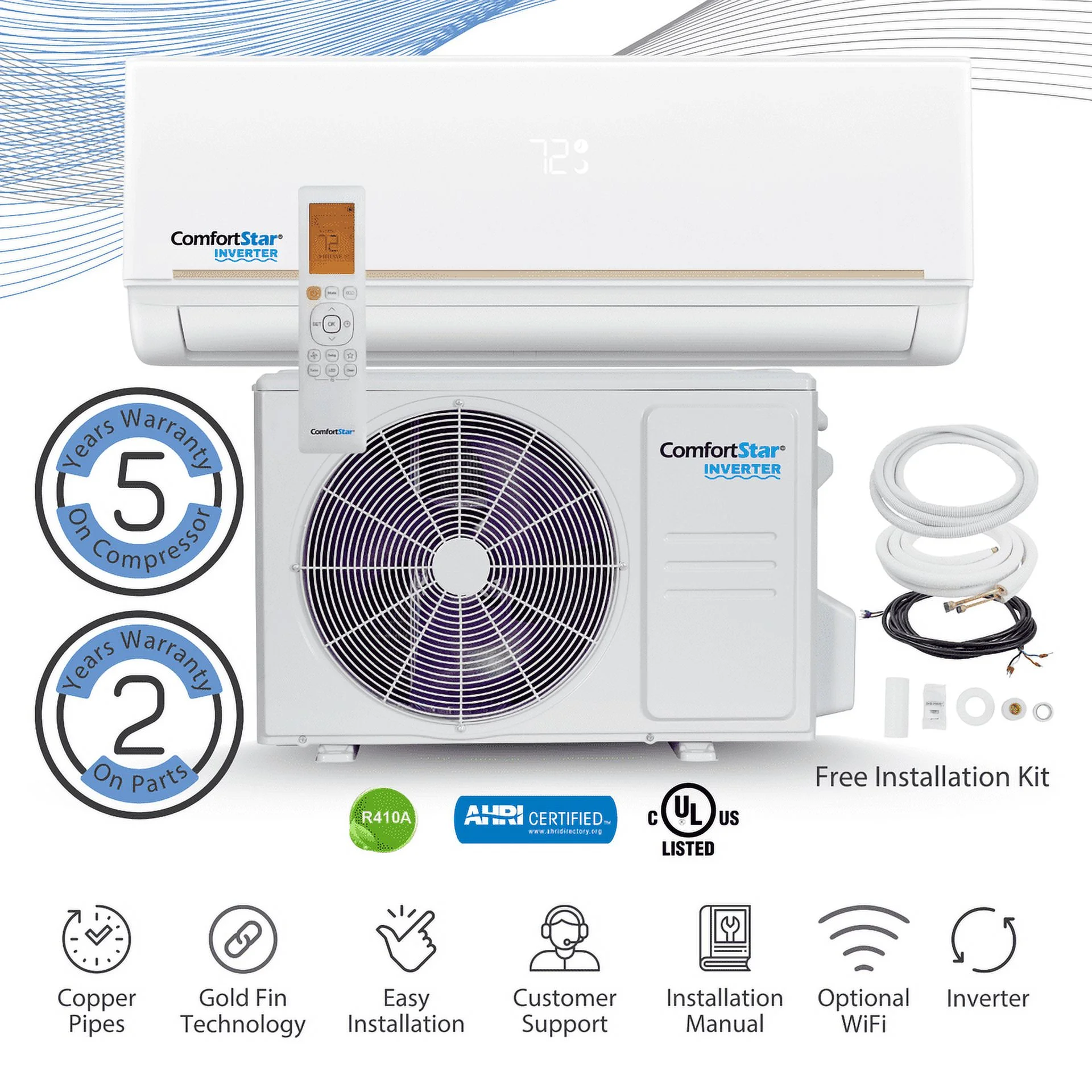 12,000 BTU 21 SEER2 Ductless Mini-Split Inverter+ Air Conditioner Only Cold System Full Set 110V.
