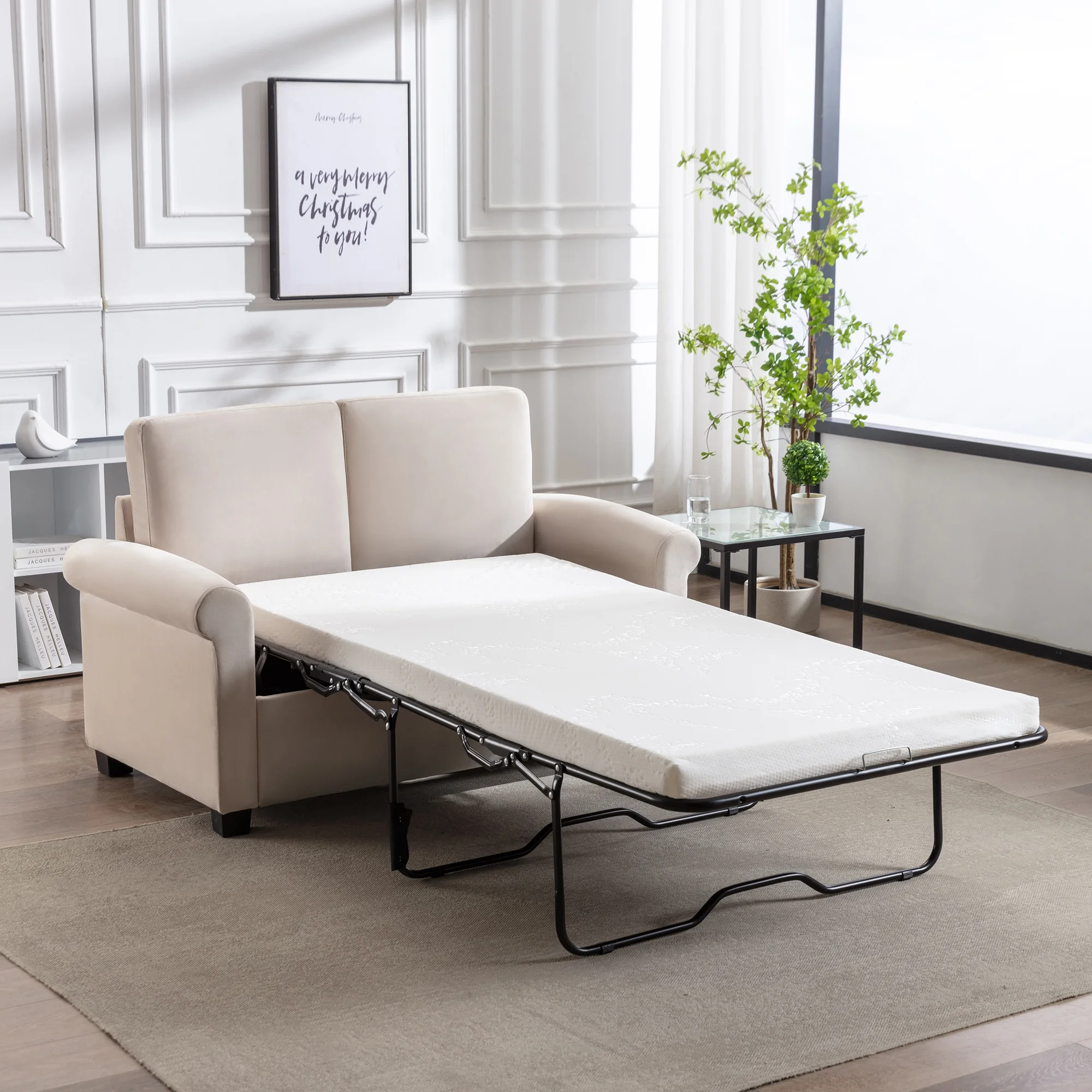 CoSoTower 58.3" Pull Out Sofa Bed,Sleeper Sofa Bed with Premium Twin Size Mattress Pad,2-in-1 Pull Out Couch Bed,Loveseat Sleeper for Living Room,Small Apartment, Beige White