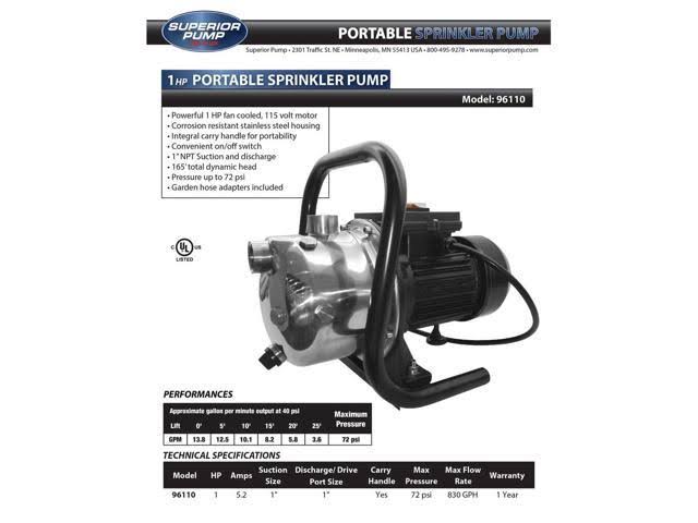 Superior Pump 96110 1 HP Portable Sprinkler Pump