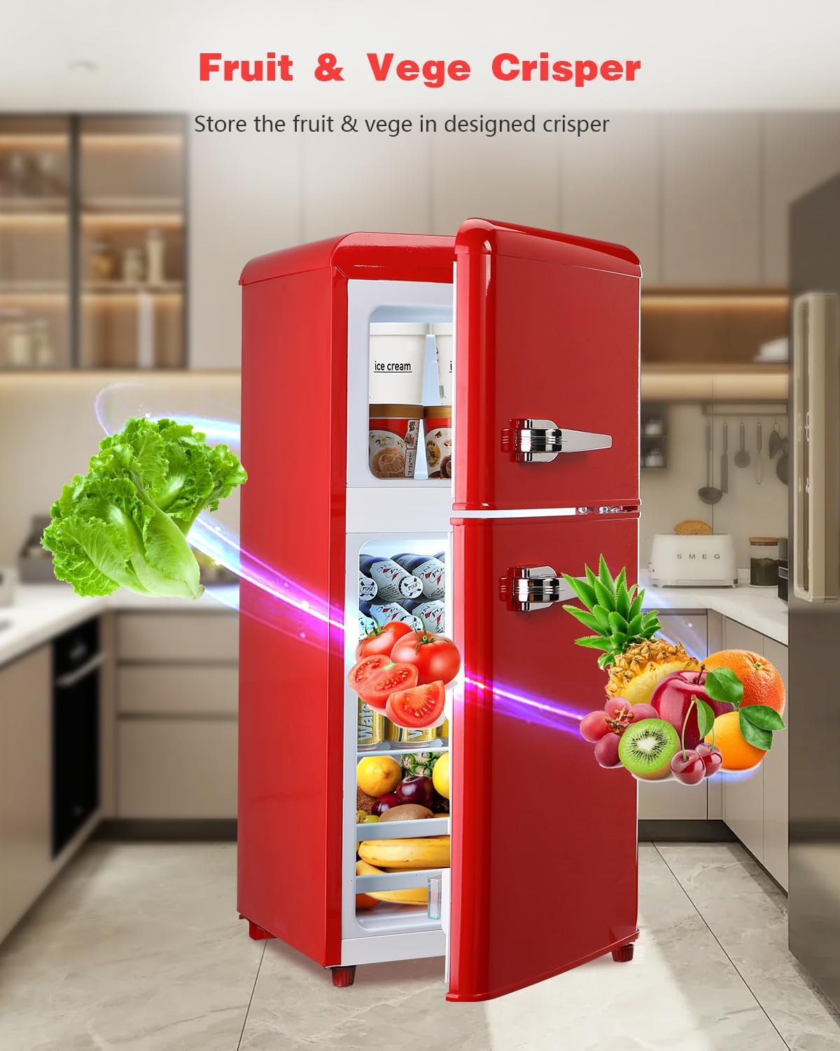 3.5 Cu.Ft Compact Refrigerator, Retro Fridge with Dual Door, Small Refrigerator with freezer,7 Level Adjustable Thermostat for Garage, Dorm,Bedroom, Office, Apartment-Red