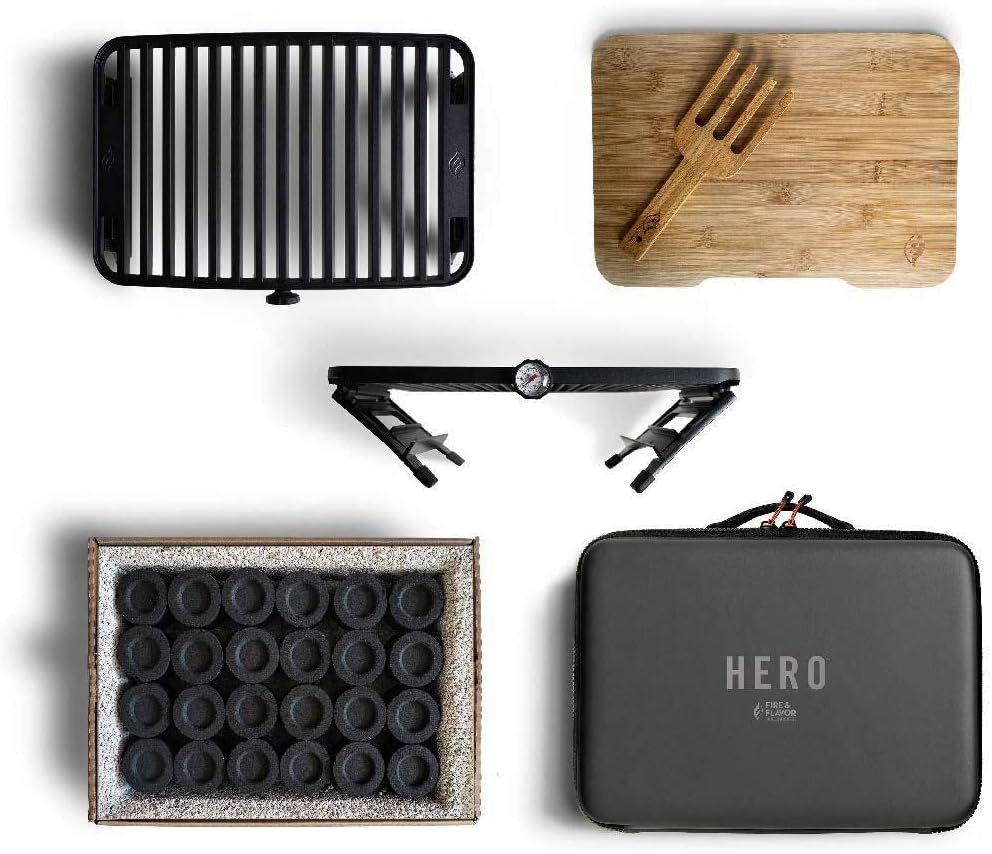 Fire & Flavor Hero System Ultra-Portable Easy Instant Light Charcoal Grilling for Tailgating, Beach RV, Park, Patio, Outdoors with Reusable Eco-Friendly Pod, Bamboo Cutting Board and Carry Case, Multi