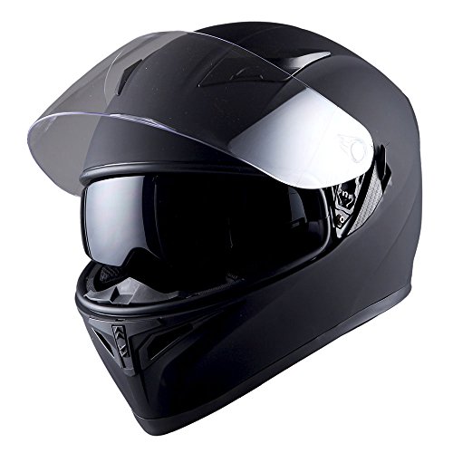 1Storm Motorcycle Full Face Dual Visor Helmet Bundle with Spoiler and Motorcycle Bluetooth Headset: HJK316 Matt Black