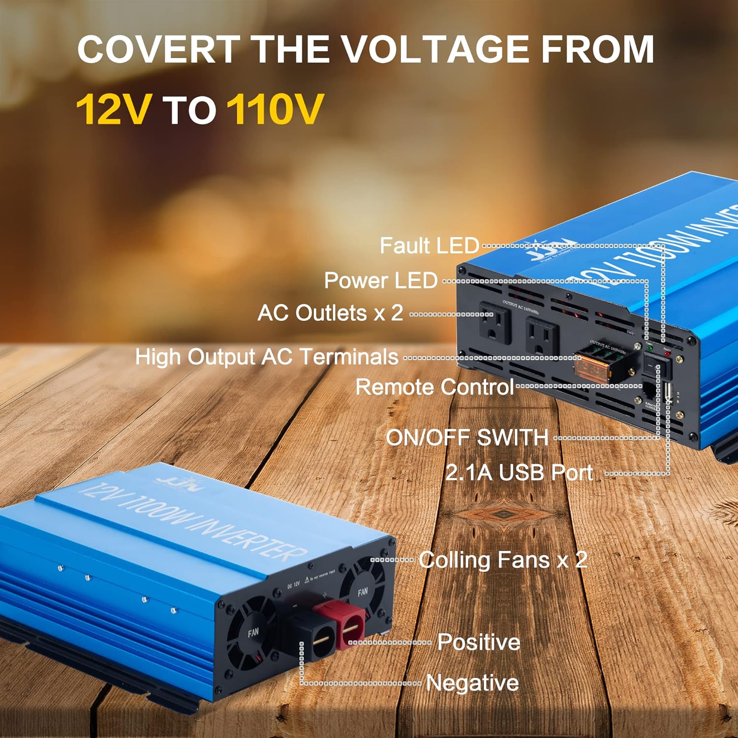 Power Inverter 2000 Watt Modified Sine Wave Inverter 12V to 110V Converter for Home, RV, Truck, Off-Grid Solar Power Inverter with Built-in 5V/2.1A USB Port, AC Hardwire Port, Remote Controller