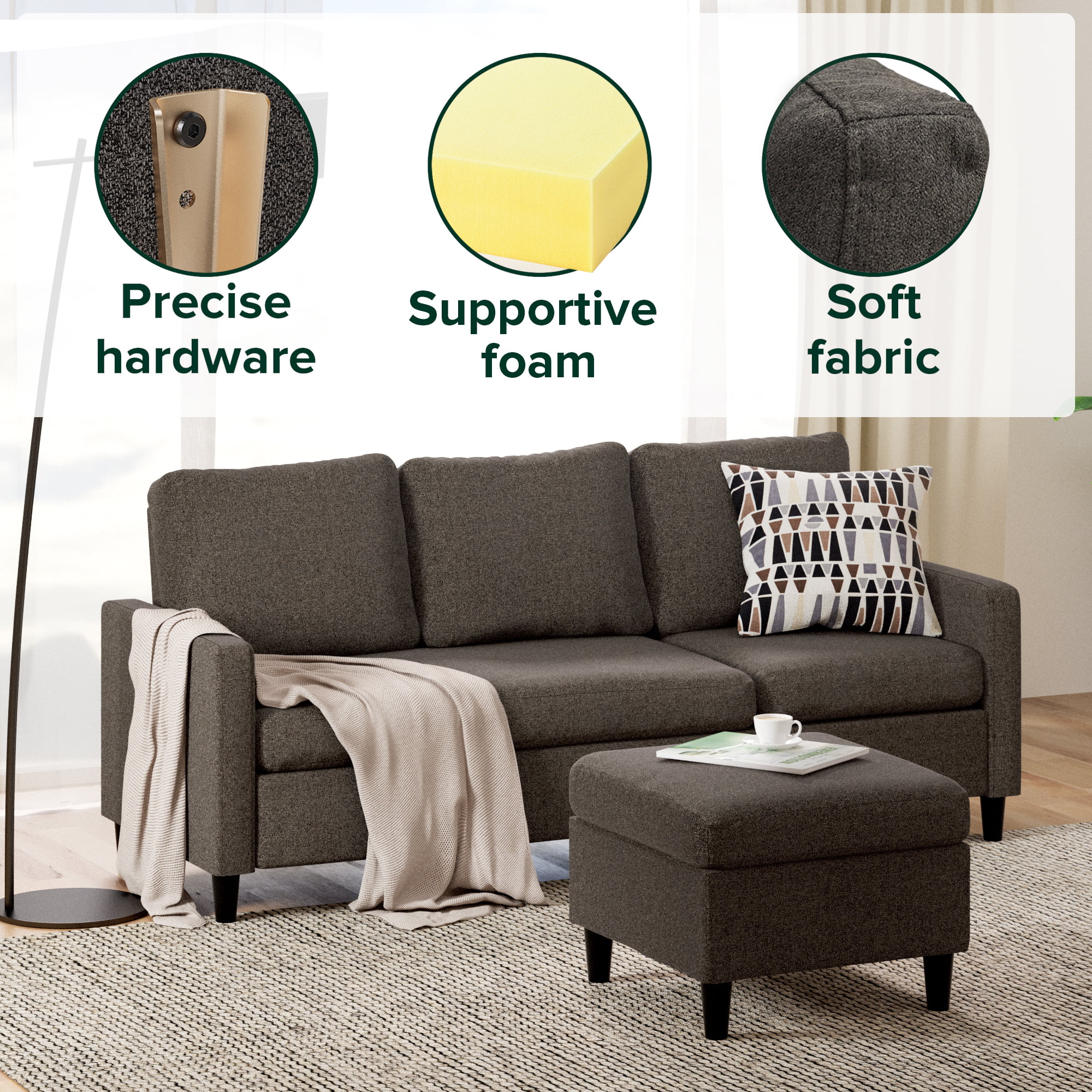 Zinus Hudson Modern Convertible Sectional Sofa with Reversible Chaise, Dark Grey