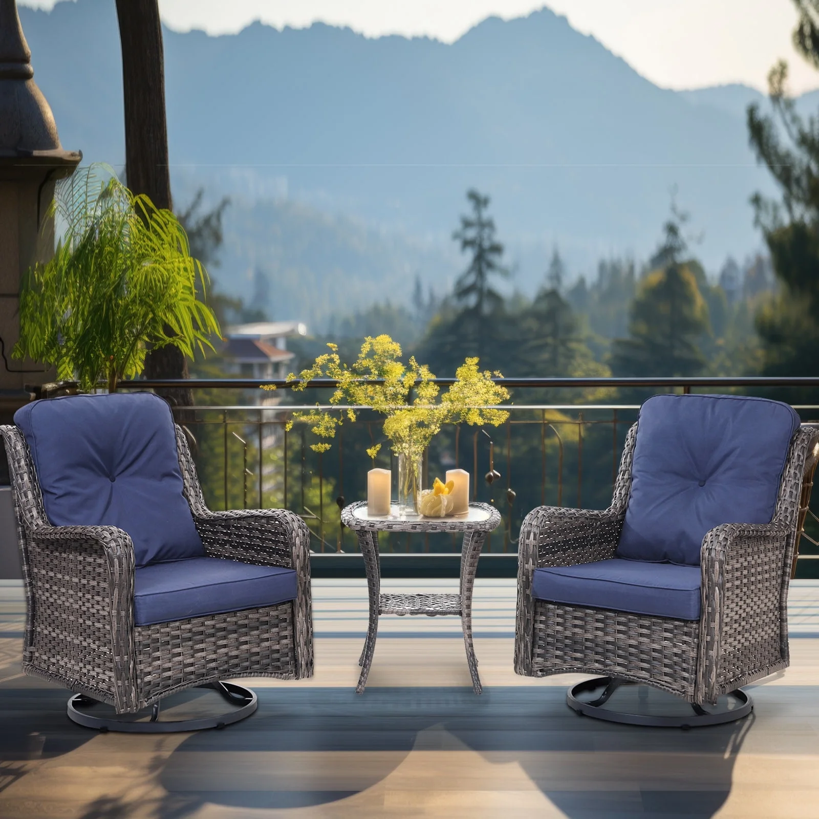 WILOUNGE 3 Pieces Patio Furniture Sets,Outdoor Furniture with Patio Chairs and Glass Side Table, 360°Swivel Rocking Chair Wicker Patio Furniture &Gift for 3 Pieces Rain Cover
