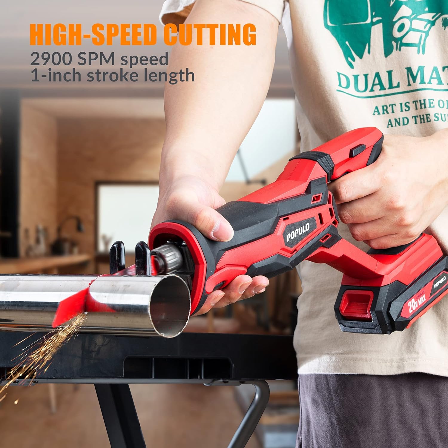 POPULO Cordless Reciprocating Saw, 20V MAX 2.0Ah Battery Power Saw, Electric Saws All Saw for Wood, Trees, or Metal Cutting, Cordless Sawzall with Battery and Charger Pack of 2