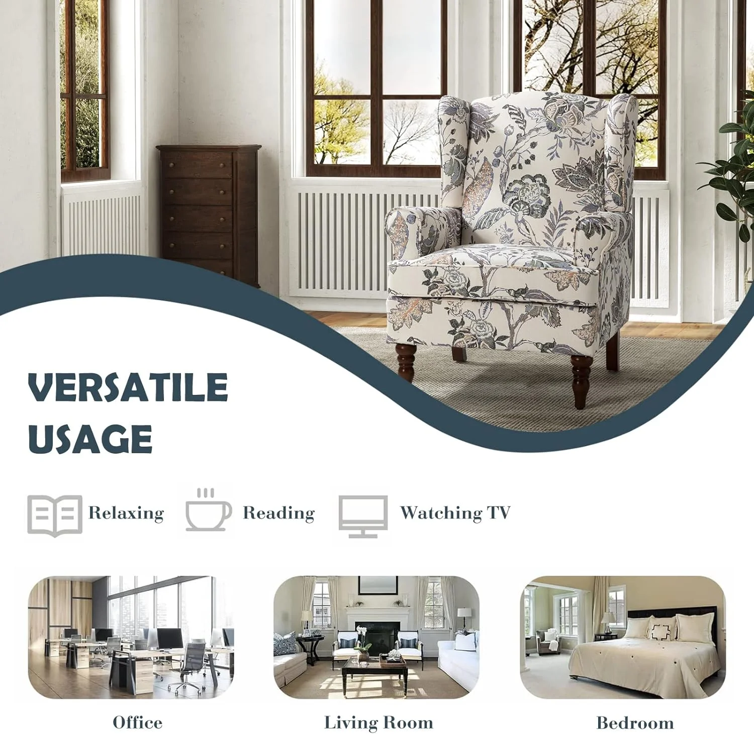 Wingback Accent Chair With Wood Legs, Traditional Fabric Armchair For Living Room Bedroom, Comfy Upholstered Single Sofa Chair Reading Chair With Unique Pattern Design, Green