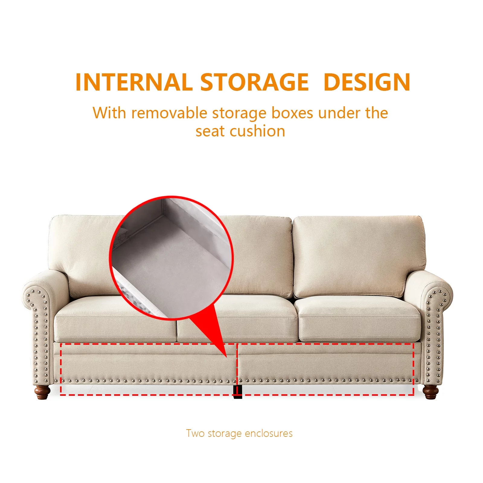 Modern 3 Seater Upholstered Sofa, 100% Polyester Soft Couch with Storage Removable Cushions Solid Wood Legs and Nailhead Trim for Living Room Bedroom Office