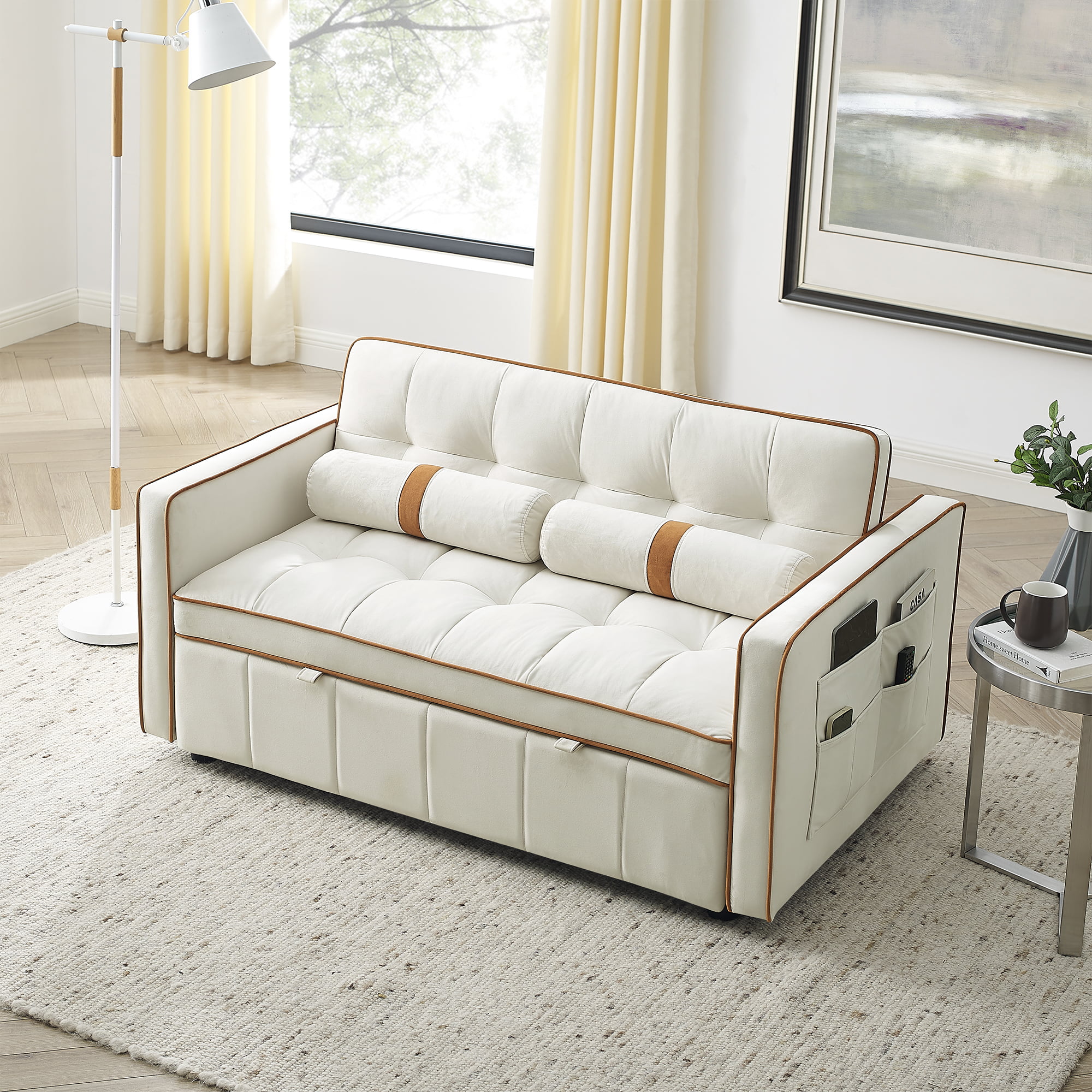 Ufurpie 55.5" Pull-Out Velvet Sofa Bed,Sleeper Sofa with Adjustable Backrest and Lumbar Pillows,2 Seater Loveseats Sofa Couch,for Living Room,Bedroom,Apartment,White