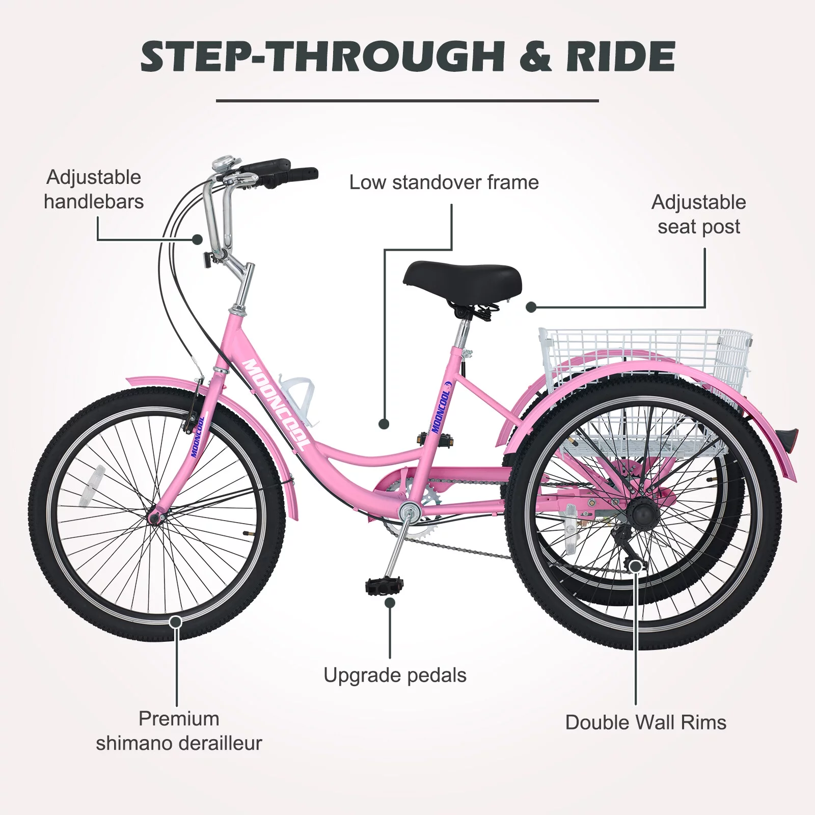 LILYPELLE 24 Adult Tricycle 7 Speed, Three Wheel Bikes for Adults 400lbs,Low-Step Through Trike Cruiser for Exercise Shopping Outdoor Activities,Cyan