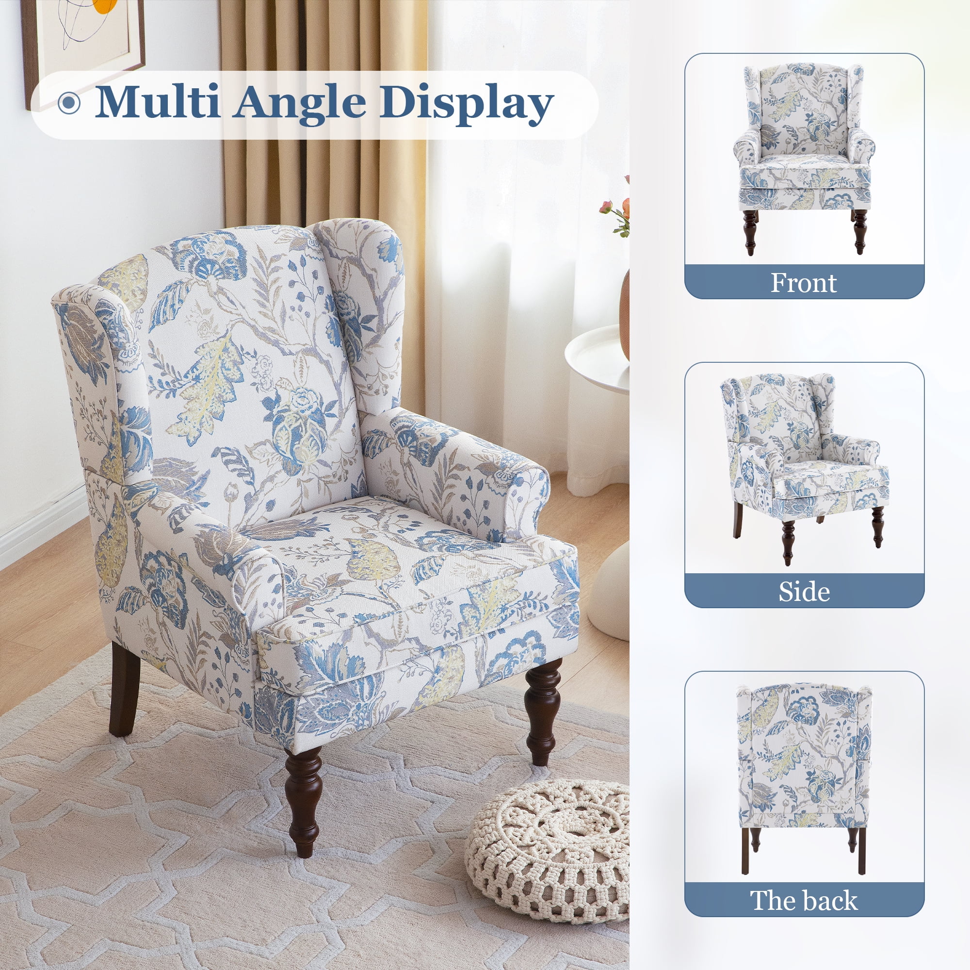 HUIMO Wingback Accent Chair, Upholstered Mid Century Modern Armchair with Solid Wood Legs, Fabric Linen Leisure Single Sofa Chair for Living Room, Bedroom, Comfy Reading Chair, Blue Floral Print
