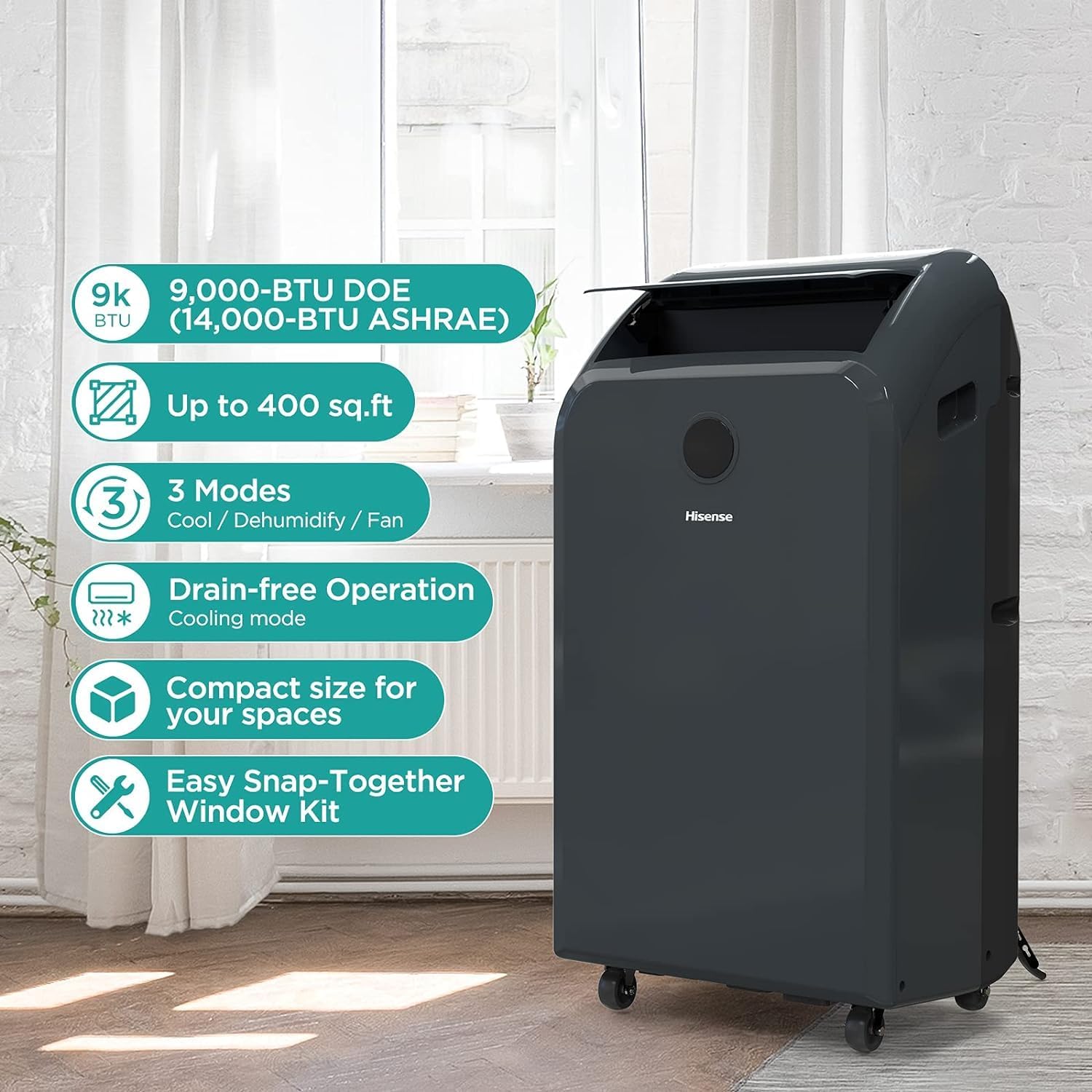 Hisense Portable Air Conditioner 9,000 BTU Cooling Dehumidifier Fan for Rooms up to 400 sq.ft, Remote Control, Long Distance Air Flow, 3 Modes - Cool, Dehumidify, Noise 49 db, - AP0921CR1G (Renewed)