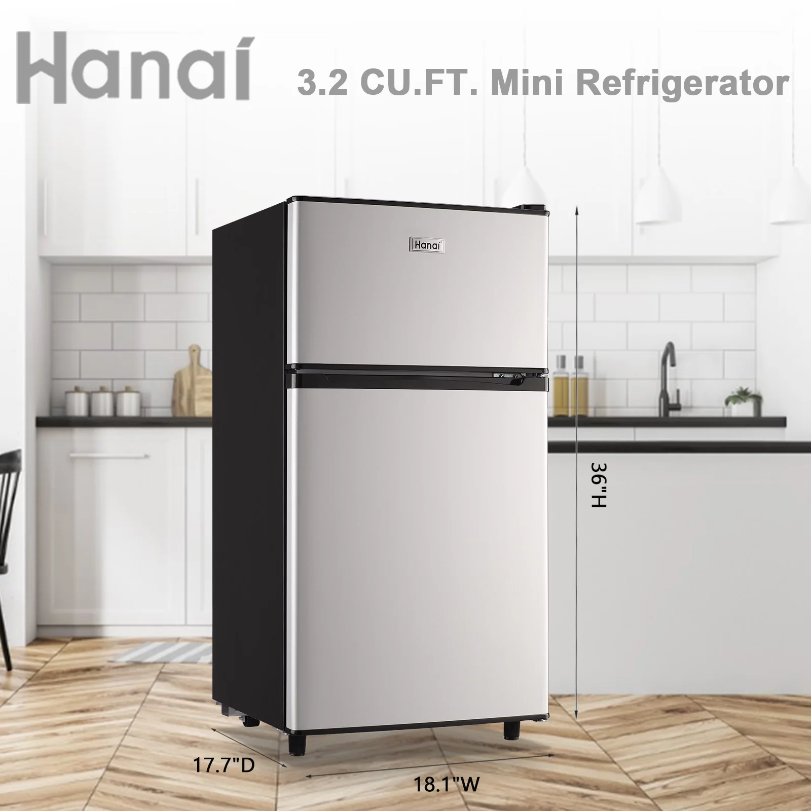 Compact Refrigerator Mini Fridge with Freezer, 3.2 Cubic Feet Retro Dual Door Small Refrigerator by WANAI with 7 Temp Modes, LED Lights, Removable Shelves, Ideal for Bedroom, Dorm, Office, Apartment