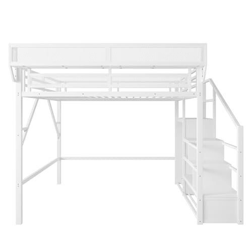 Full Size Loft Bed with Stairs and Storage, Metal Loft Bed Frame with Bedside Shelf and Large Under-Bed Space, Heavy-Duty Bed for Adults Teens and Kids, Black