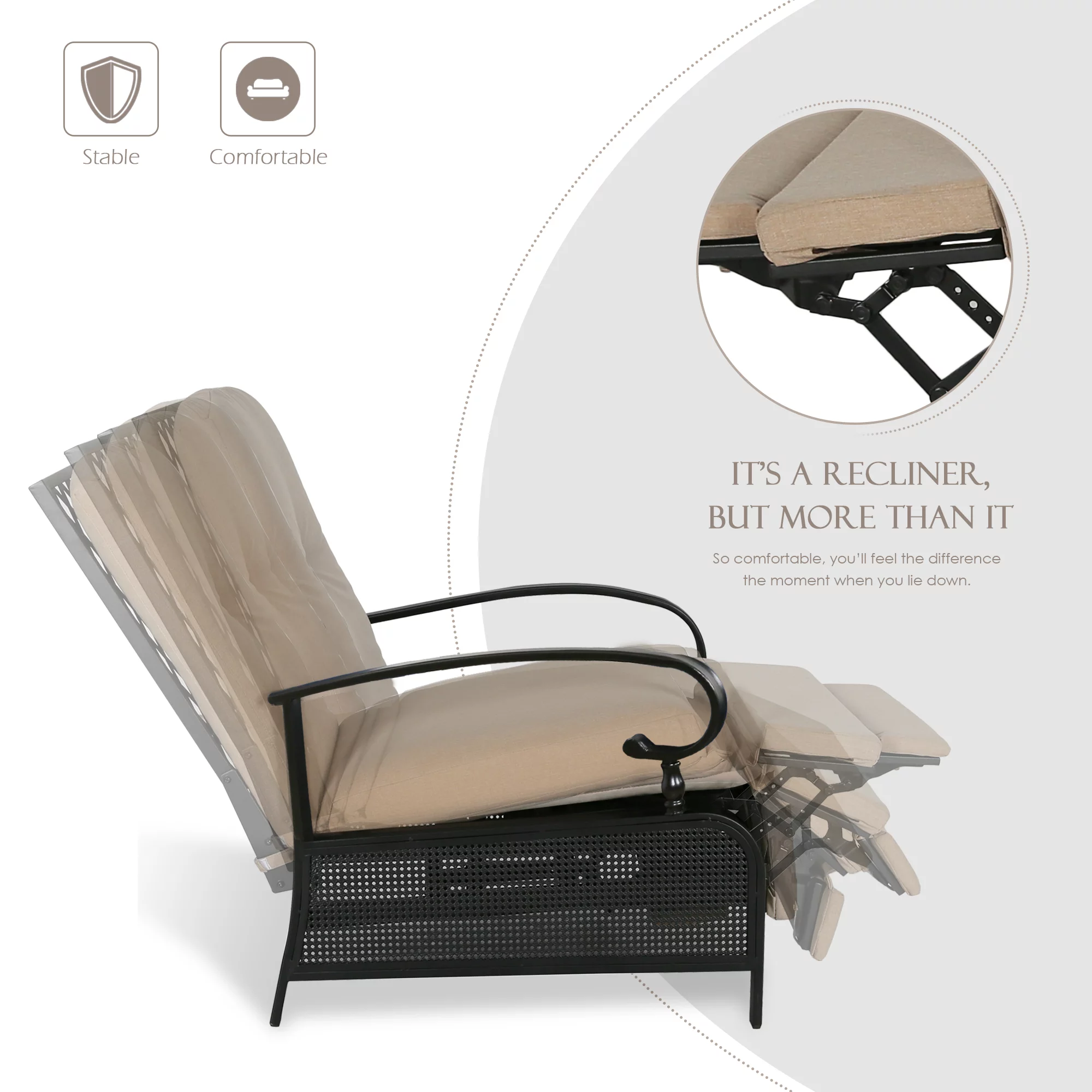 Ulax Furniture 3 Pieces Outdoor/Indoor Metal Recliner Conversation Set, Sailcloth Beige