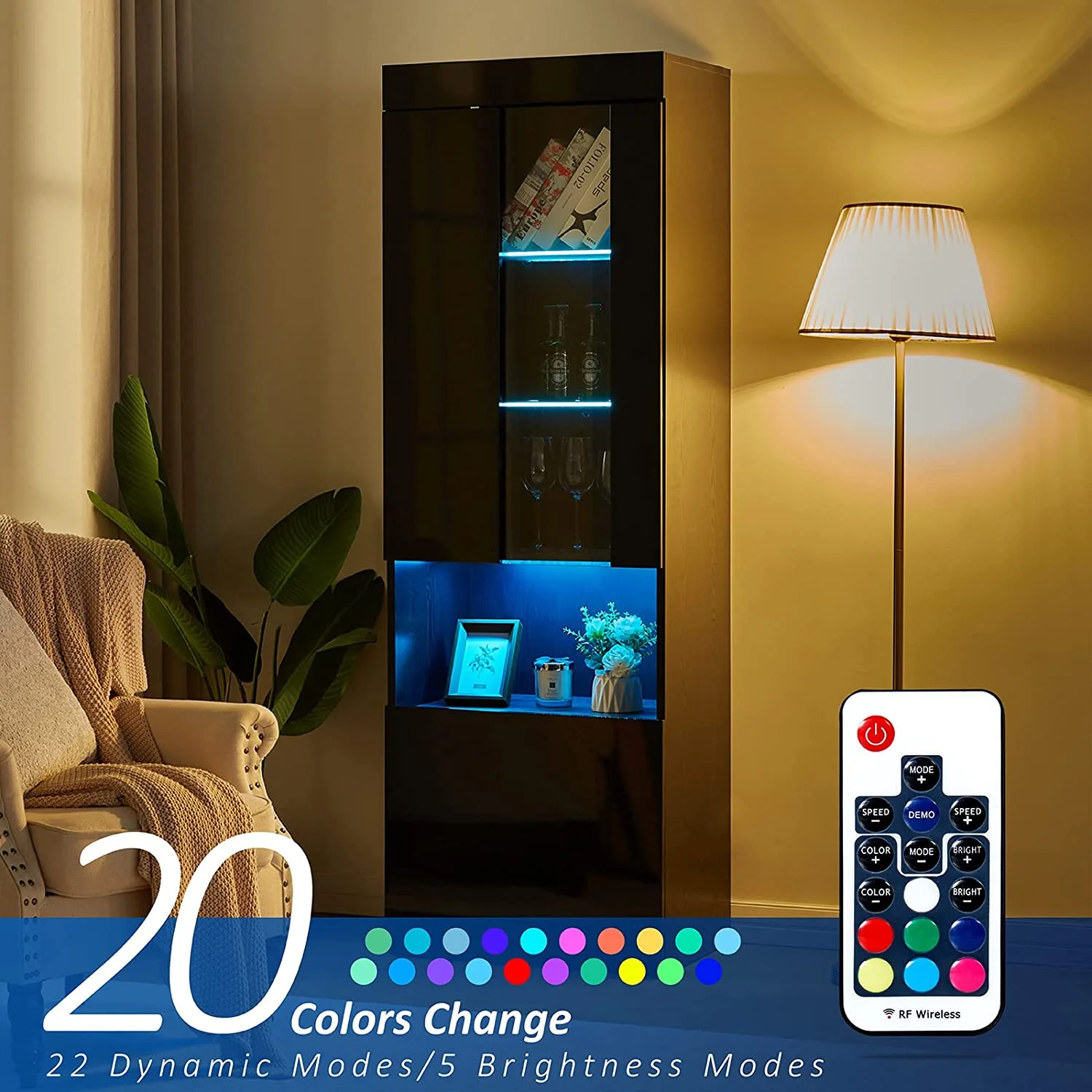 AMERLIFE 2 Piece Bookcase Storage Cabinet, Modern Wood High Gloss LED Bookshelf Display with 3-Tier Adjustable Glass Shelves&Lower Storage for Living Room Bedroom Study Office, Black