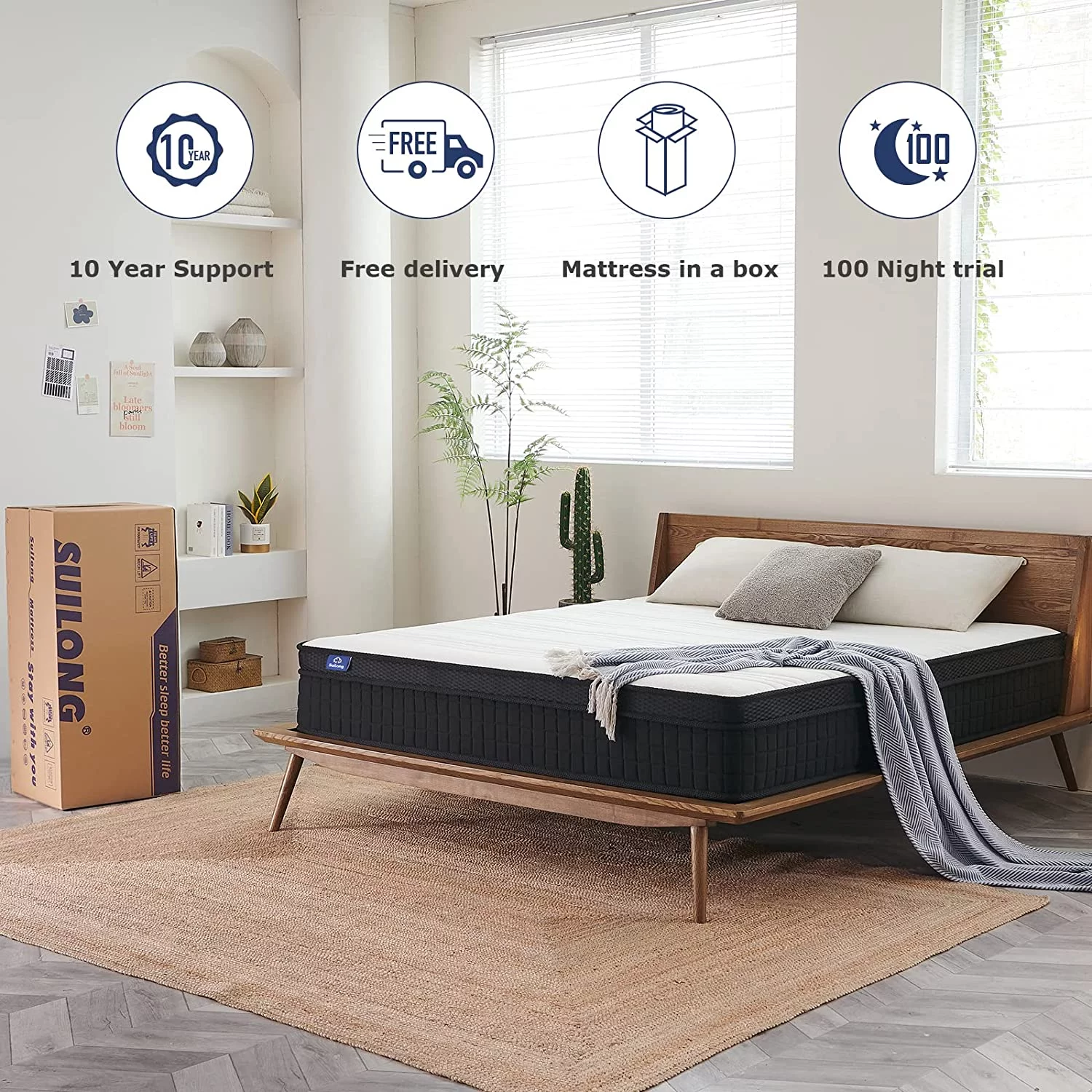 SUI LONG 12 Inch King Mattress, Spring and Memory Foam Hybrid Mattress, Mattress in a Box, Medium Firm