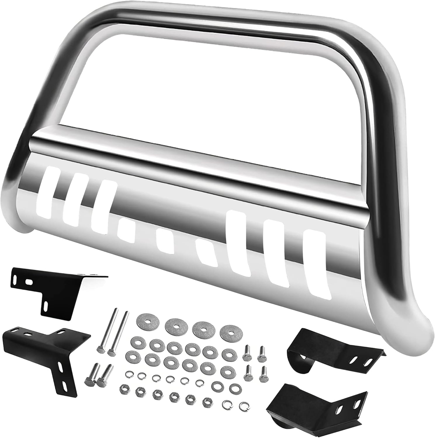 AUTOSAVER88 Bull Bar Compatible for 2004-2022 Ford F150/2003-2014 Navigator Stainless Chrome Bull Bar 3" Push Front Bumper Grill Grille Guard with Skid Plate