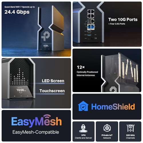 TP-Link Archer BE24000 Quad-Band WiFi 7 Router (Archer BE900) with Dual 10 Gbps Multi-Gig Ethernet Ports and LED Touch Screen,12 High Performance Antennas, VPN Supported