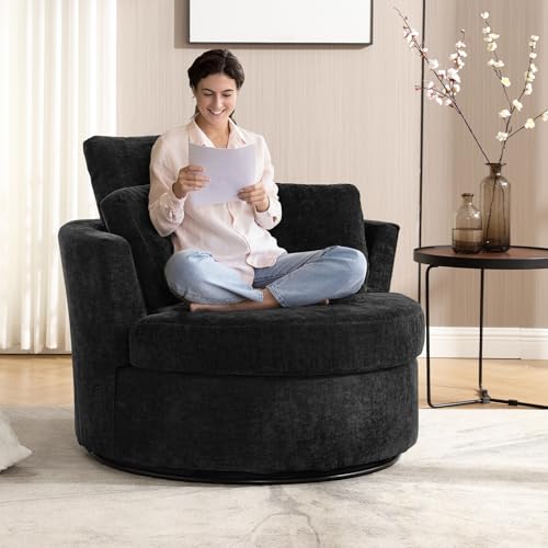 Chair and A Half with Ottoman, 360° Swivel Accent Barrel Chair Modern Comfy Round Reading Sofa Swivel Chairs Circle Lounge Chair for Bedroom Living Room w/4 Pillow Lower Seating Heigh (White, Large)