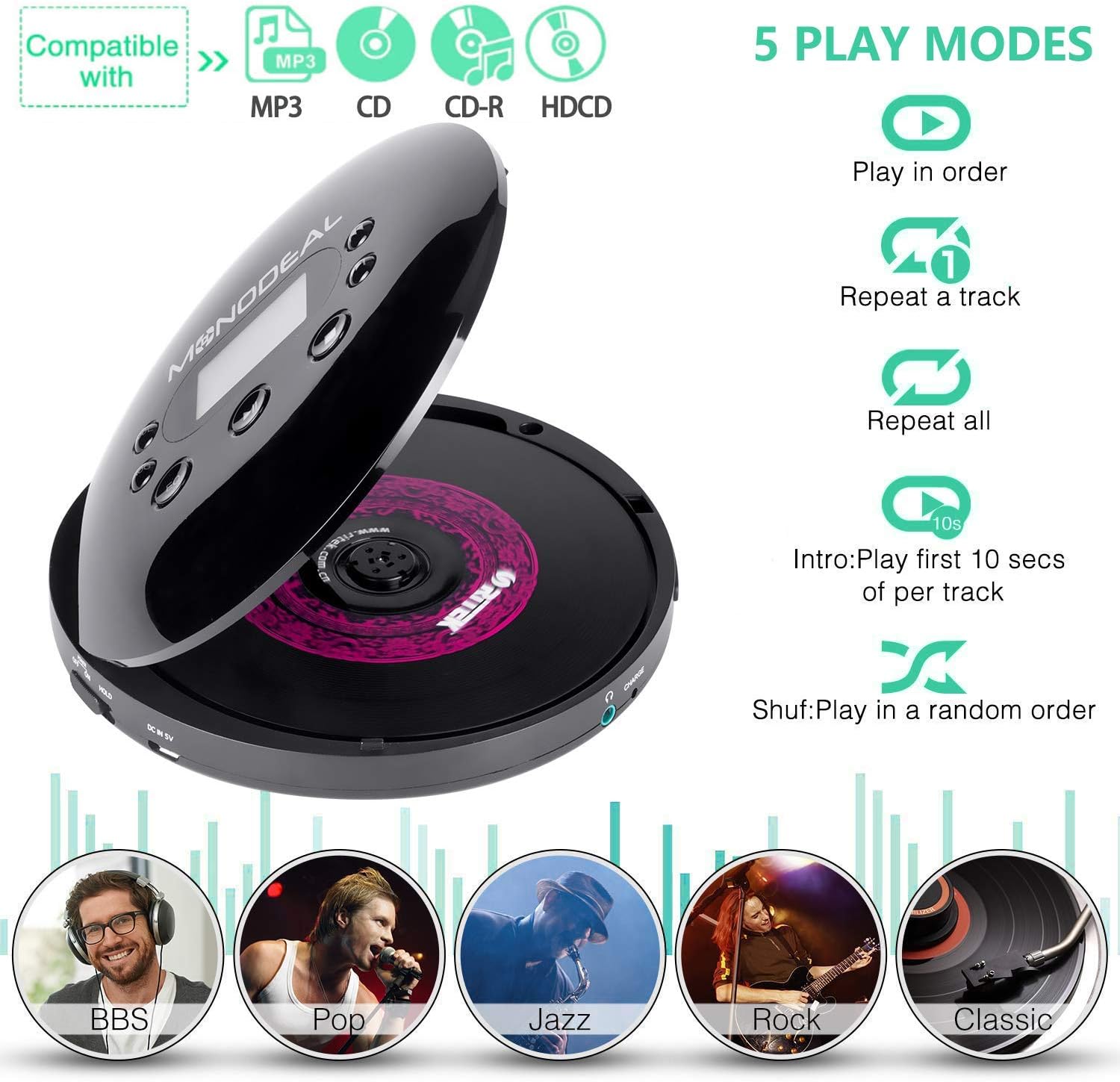Portable CD Player, MONODEAL Rechargeable Personal Compact Disc CD Player with Headphones, Anti-Skip Small Walkman Music CD Player for Cars Adults Kids Students (with Larger LCD Display)