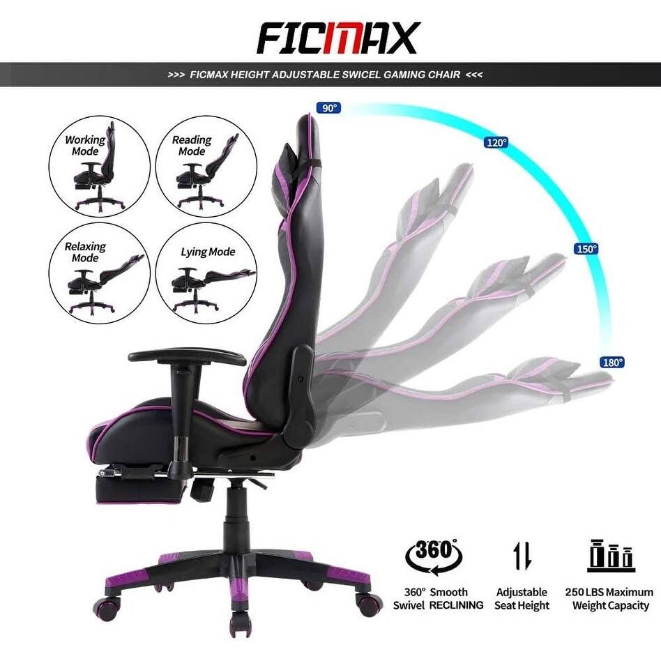 Ficmax Ergonomic Massage Gaming Chair with Footrest and Headrest (white/pink)