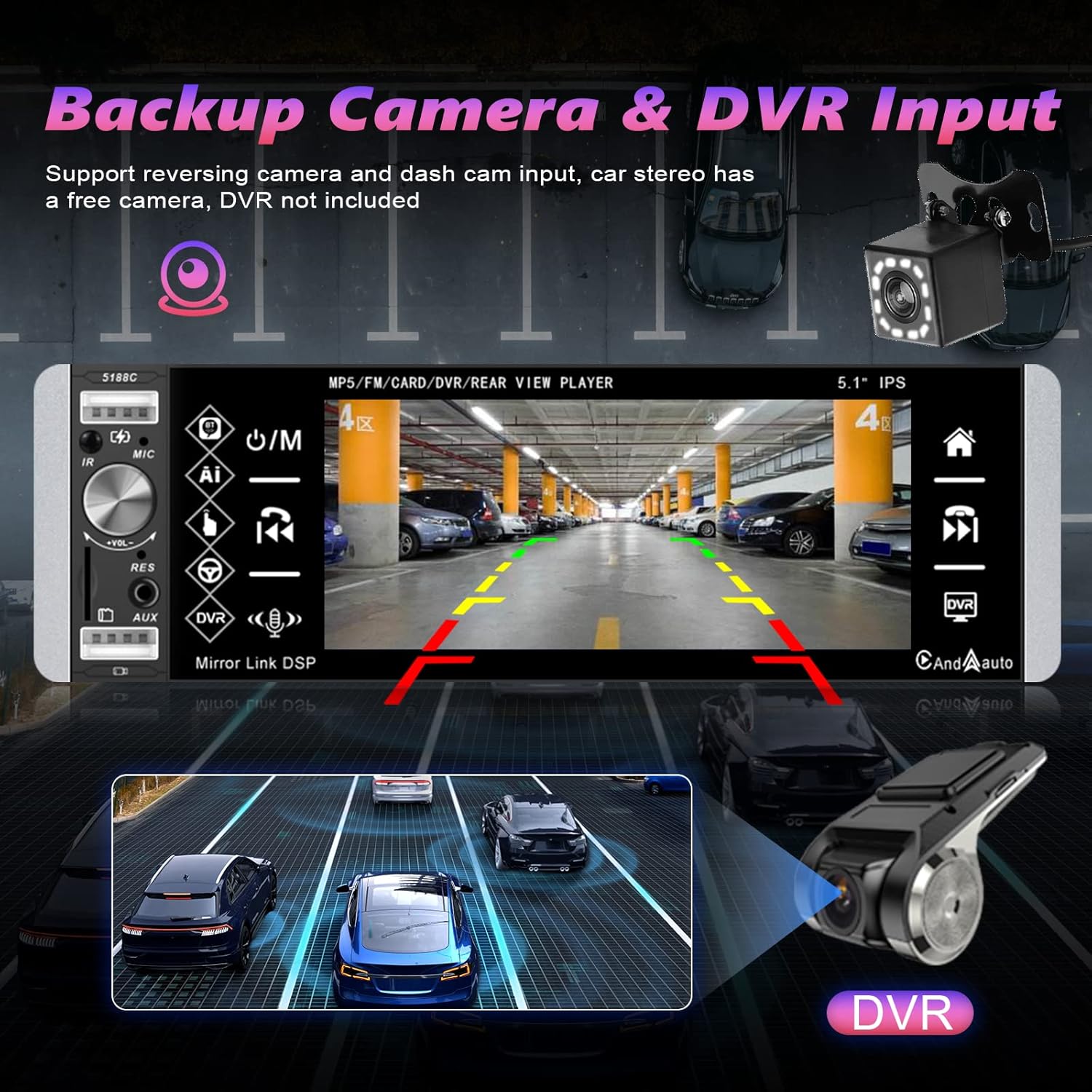 Single Din Car Stereo 5.1 Inch Touchscreen Radio with Bluetooth Voice Control Support DVR FM RDS AM Tuner, 1 Din Head Unit with USB/SD/Aux-in + Steering Wheel Control, Microphone and Backup Camera