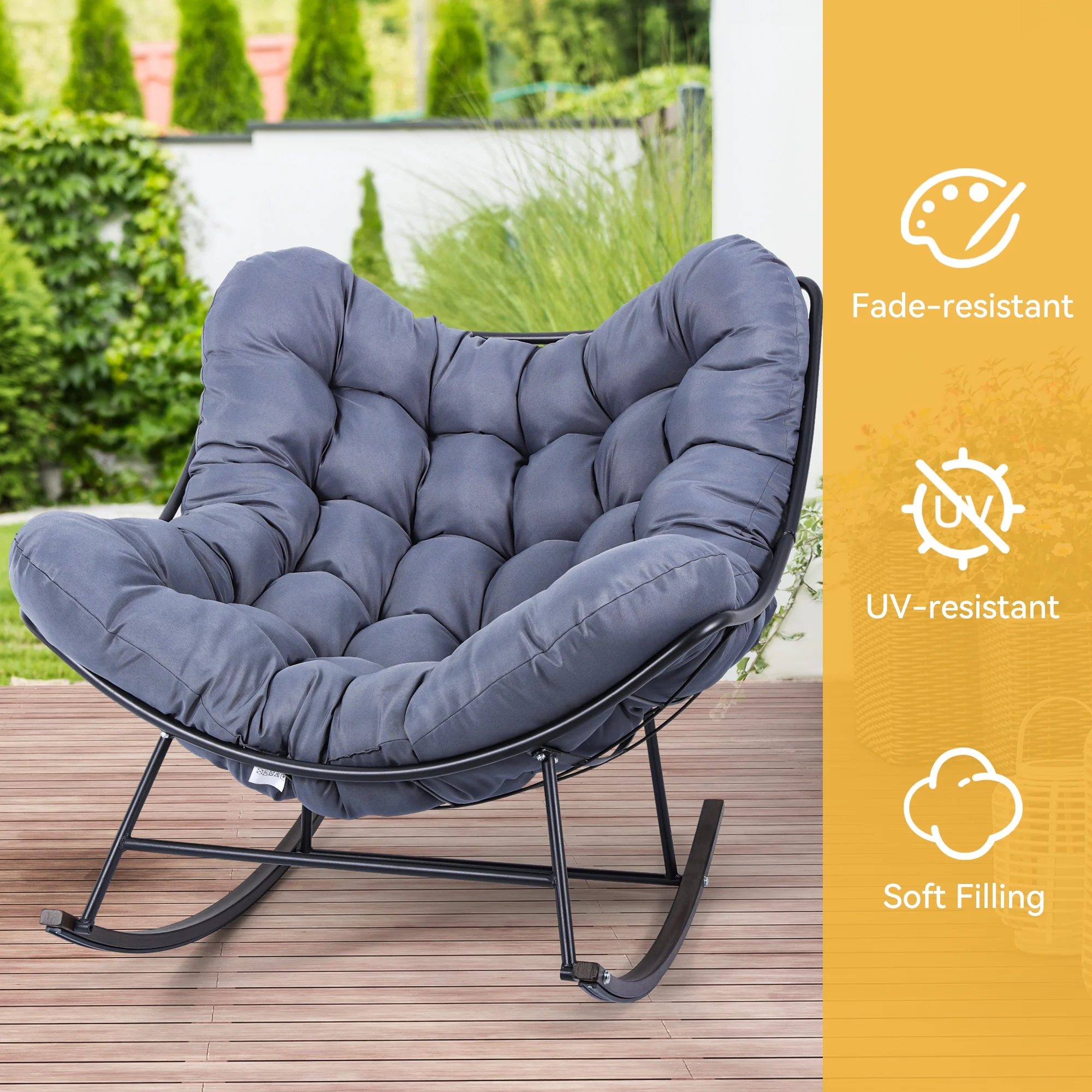 Dextrus Extra-large Papasan Rocking Chair, Cushioned Outdoor and Indoor Seating, Cozy Lounge Chair with Plush Padding for Master Bedroom, Family Room, Backyard Oasis,Terrace, Courtyard (Gray)