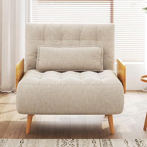 3-in-1 Convertible Chair Bed Sleeper for Adults, Linen Convertable Sleeper Chair with Wooden Arms & Pillows, Foldable Single Futon Sofa Bed (Mid Century with Walnut Arm, 36.6" Wide)