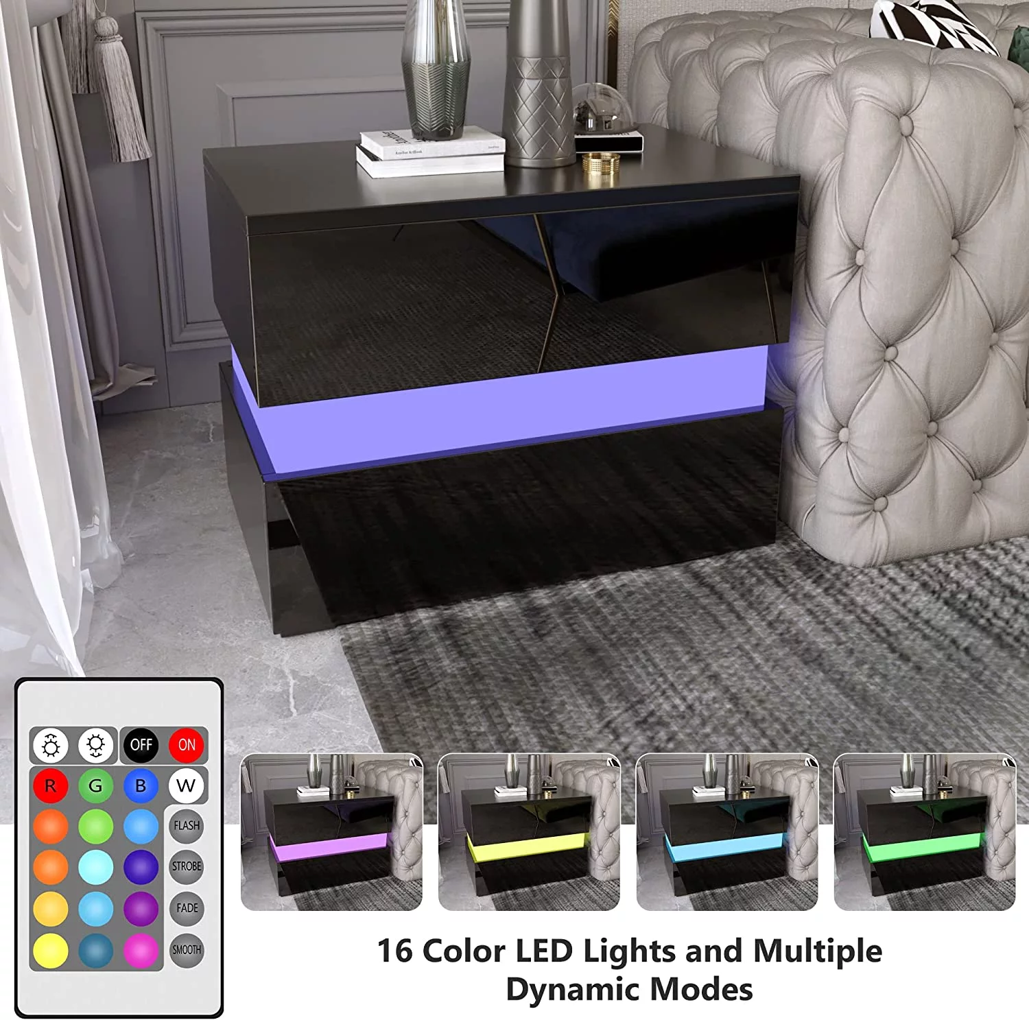 LED Nightstand Set of 2 with 2 Storage Drawers, Modern High Gloss Bedside Table with Led Lights, End Table for Bedroom Furniture, Black