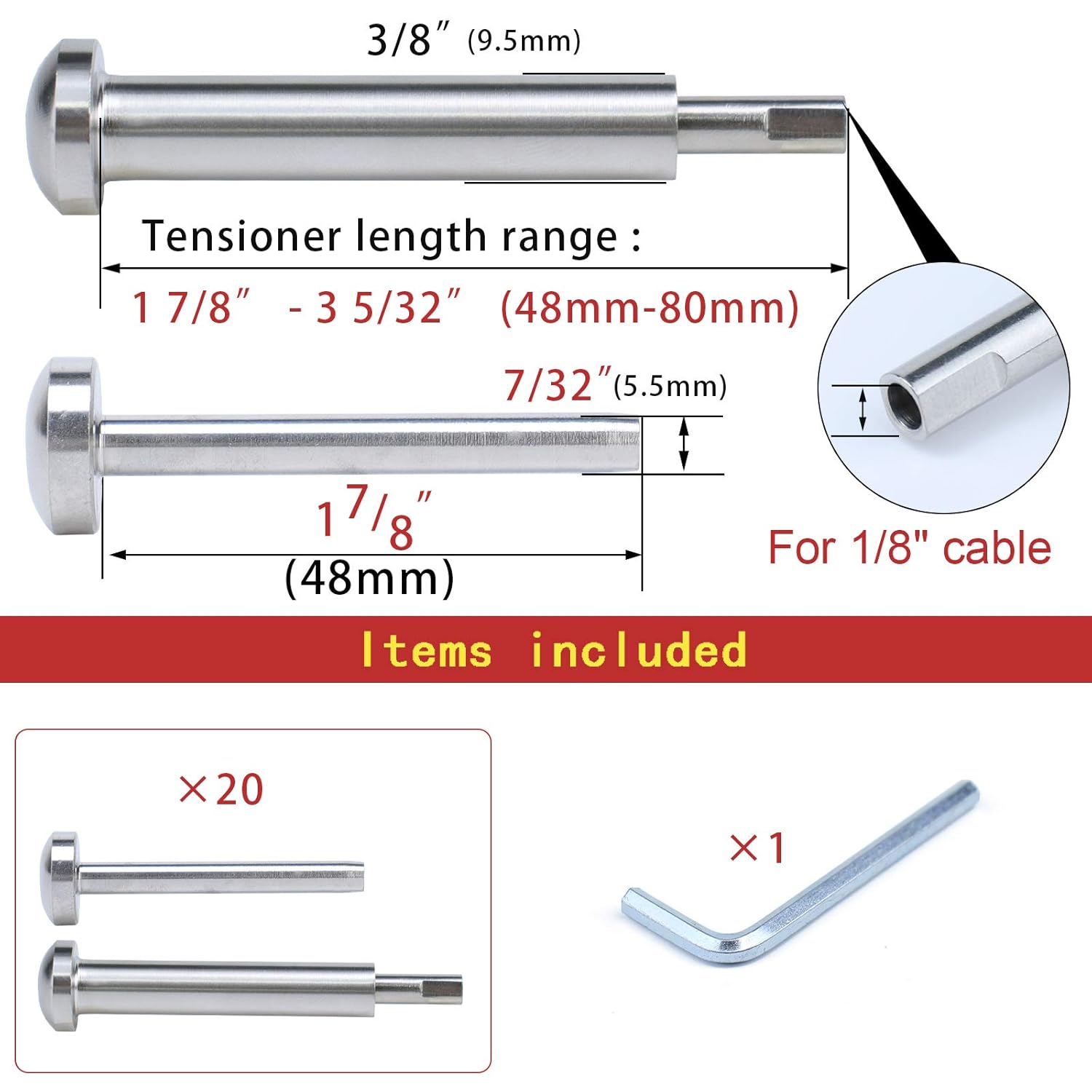 Muzata 20Pair Cable Railing kit Invisible 1/8 Upgraded Swage Tensioner and Terminal Hidden T316 Stainless Steel Round Head for 2-6 Wood Metal Post Deck Stairs WoodHidden System CR37, CV1 CV2