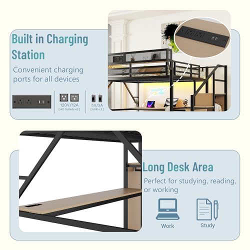Full Size Loft Bed with Stairs and Storage, Metal Loft Bed Frame with Bedside Shelf and Large Under-Bed Space, Heavy-Duty Bed for Adults Teens and Kids, Black