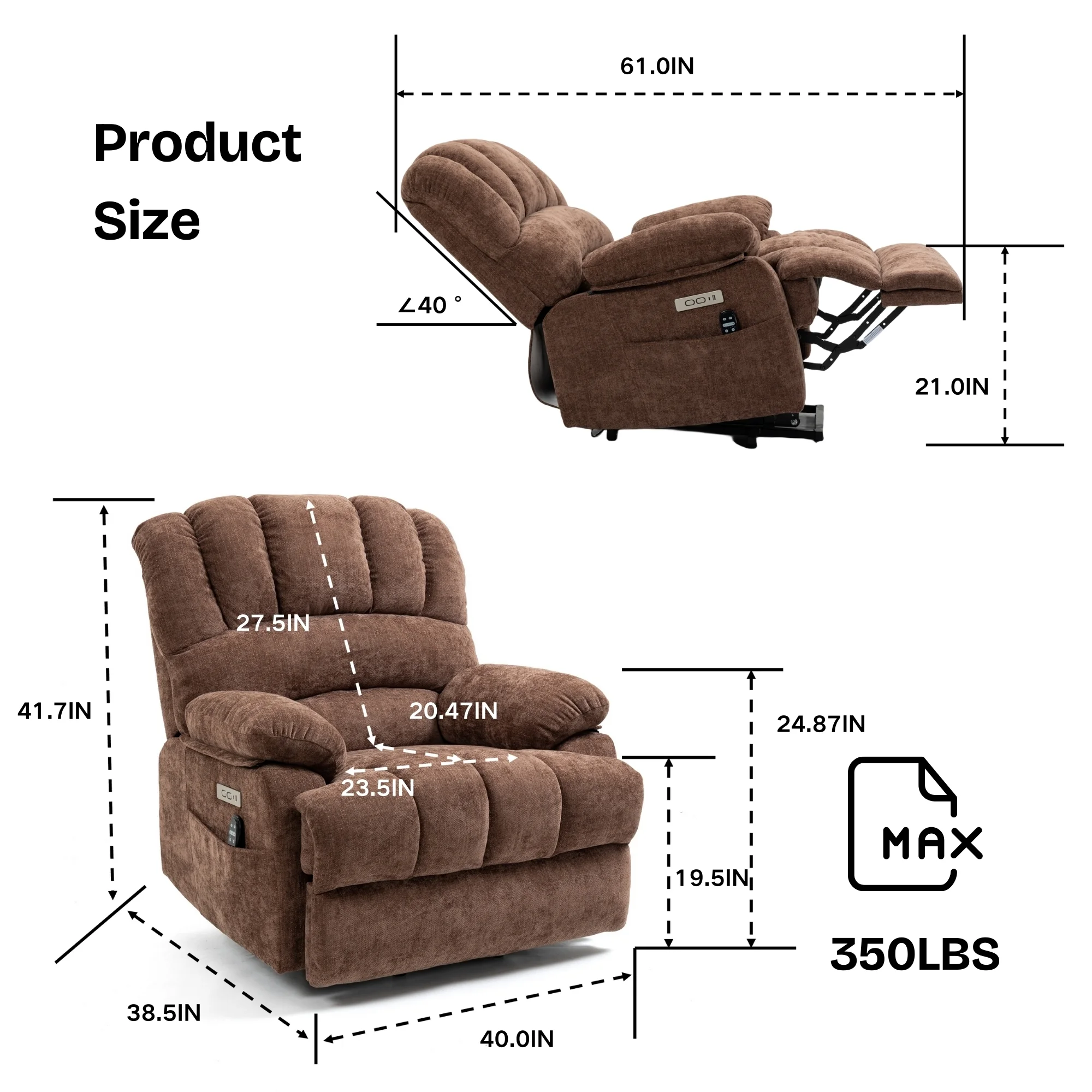 Hifurni Large Size Power Lift Recliner Chair, 8-Point Vibration Massage Lumbar Heating and USB Port, Brown Chenille