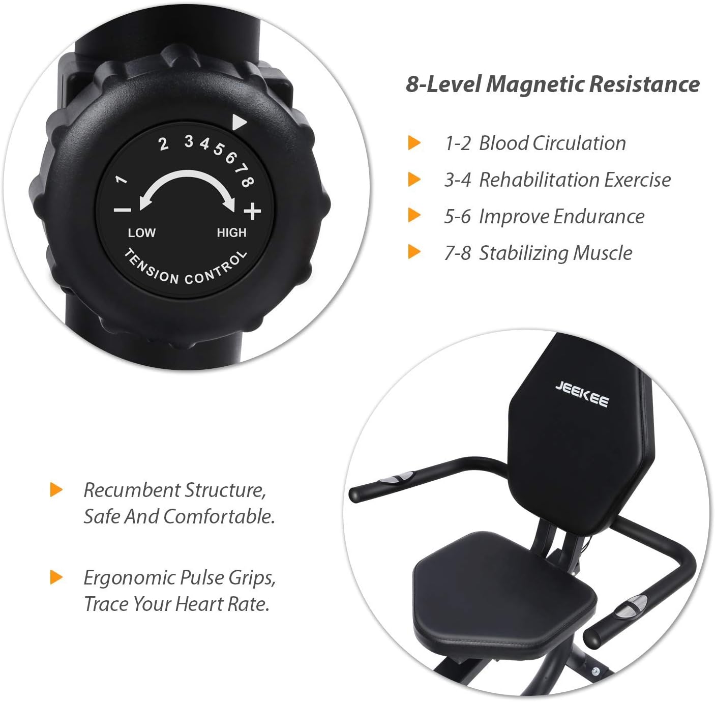 JEEKEE Recumbent Exercise Bike for Adults Seniors - Indoor Magnetic Cycling Fitness Equipment for Home Workout