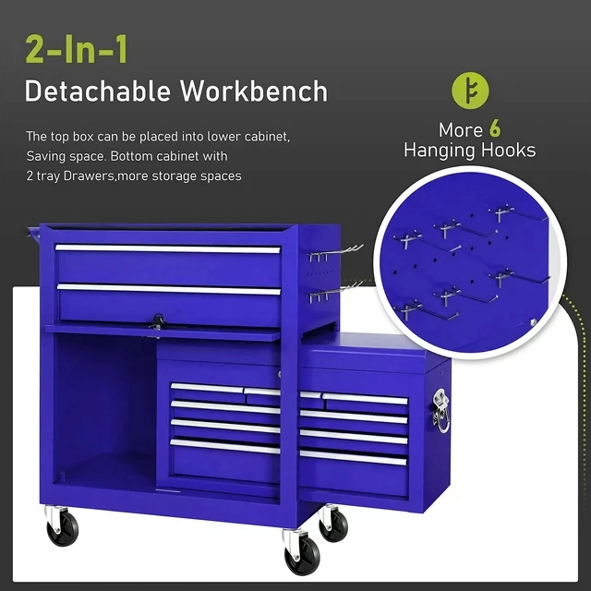 Aukfa Tool Chest, 2 in 1 Steel Rolling Tool Box & Cabinet On Wheels for Garage, 8-Drawer, Blue