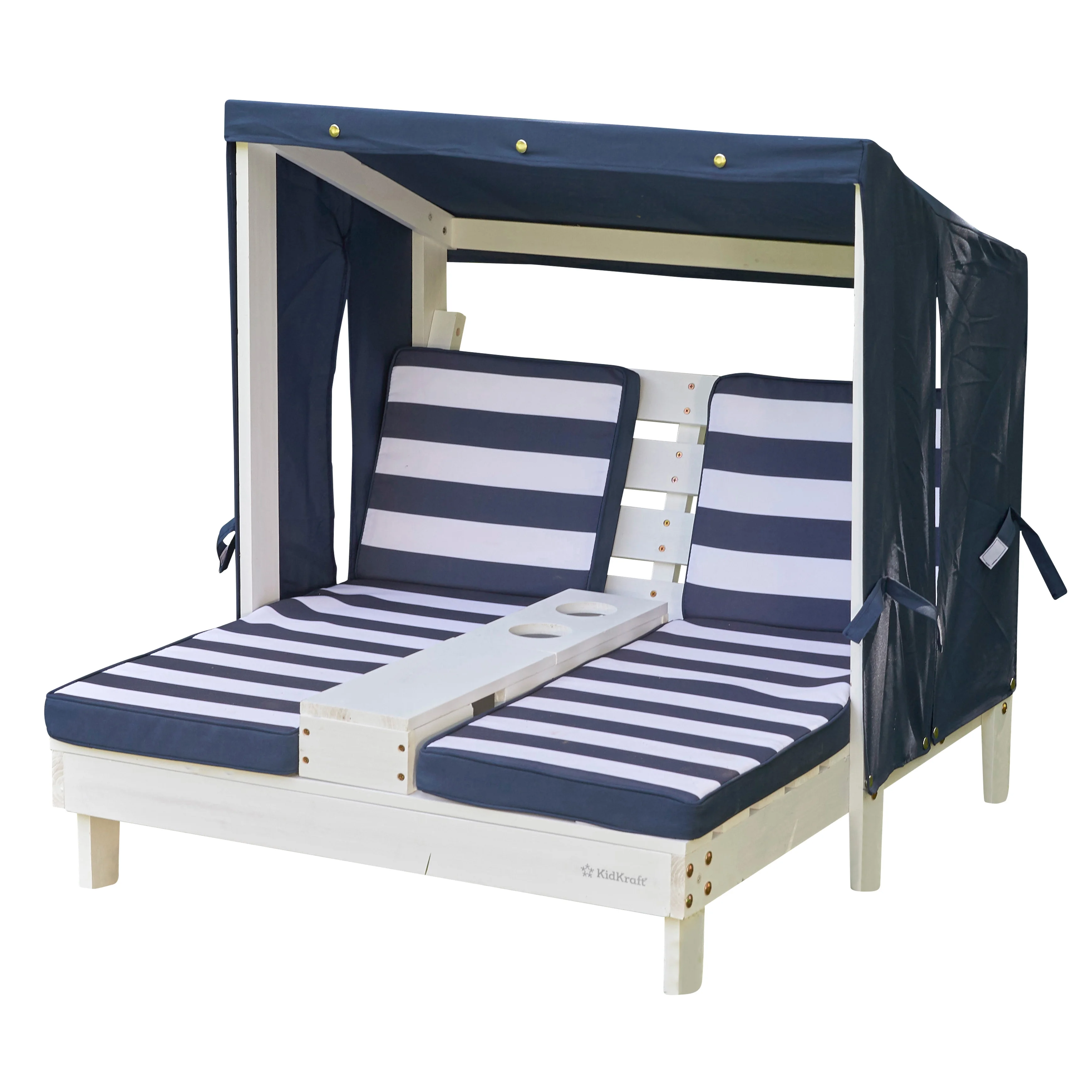KidKraft Wooden Outdoor Double Chaise Lounge with Cup Holders, White with Navy and White Stripes