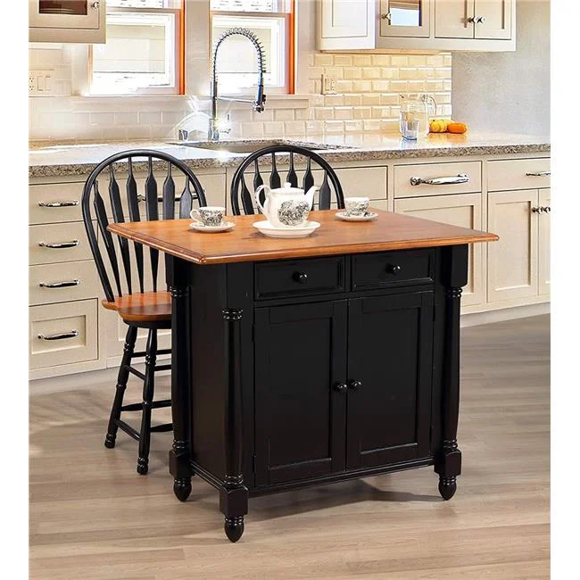 Sunset Trading Drop Leaf Kitchen Island Set with 2 Swivel Stools Drawers &amp; Storage - Antique Black with Cherry 3 Piece