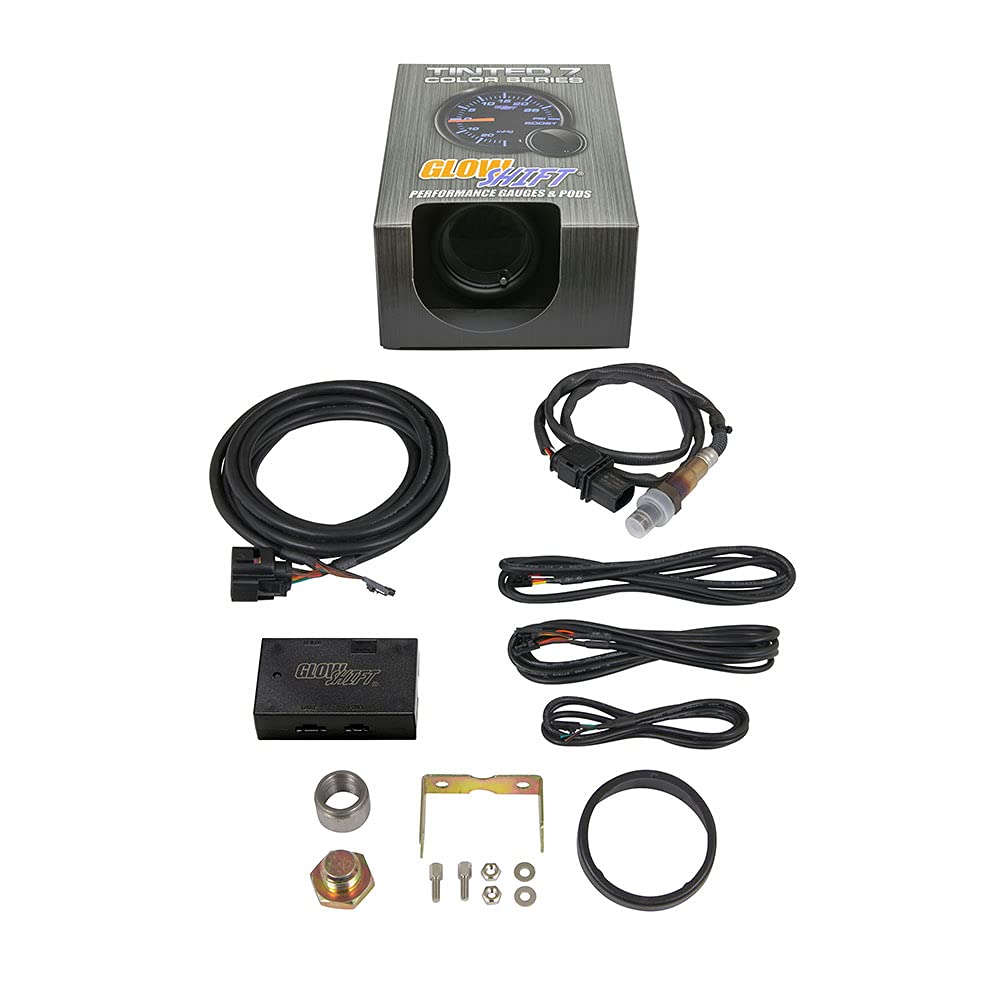 GlowShift Tinted 7 Color Digital Wideband Air / Fuel Ratio AFR Gauge Kit - Includes Oxygen Sensor, Data Logging Output & Weld-in Bung - Smoked Lens - Multi-Color LED Display - 2-1/16" 52mm