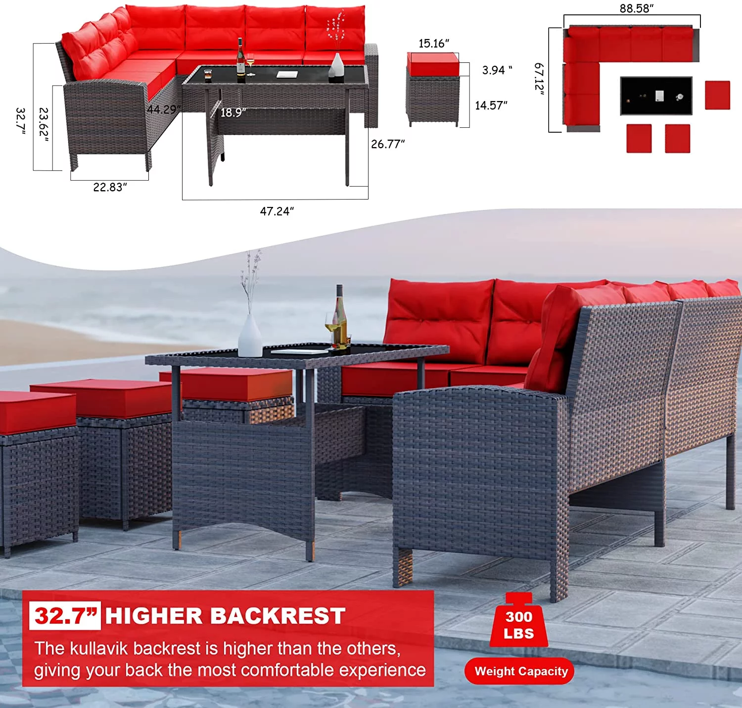 Gotland 7 Piece Outdoor Patio Furniture Set All-Weather Wicker Rattan Sofa Set Outdoor Sectional Conversation Set with 3 Loveseats,1 Dining Table and 3 Footrests,Red