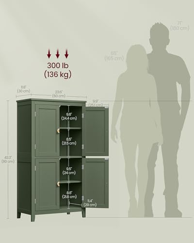 VASAGLE Bathroom Floor Storage Cabinet, Bathroom Storage Unit, Freestanding Cabinet with 4 Doors, Adjustable Shelves, 11.8 x 23.6 x 43.3 Inches, Forest Green UBBC552C01